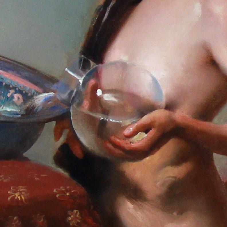 Mujer desnuda en el lavabo pintura al óleo sobre lienzo por Frank H.Mason artista estadounidense - Painting de Frank Mason