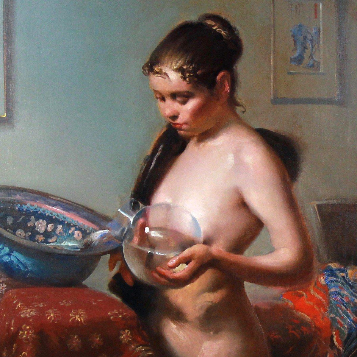 Mujer desnuda en el lavabo pintura al óleo sobre lienzo por Frank H.Mason artista estadounidense - Painting Realista de Frank Mason