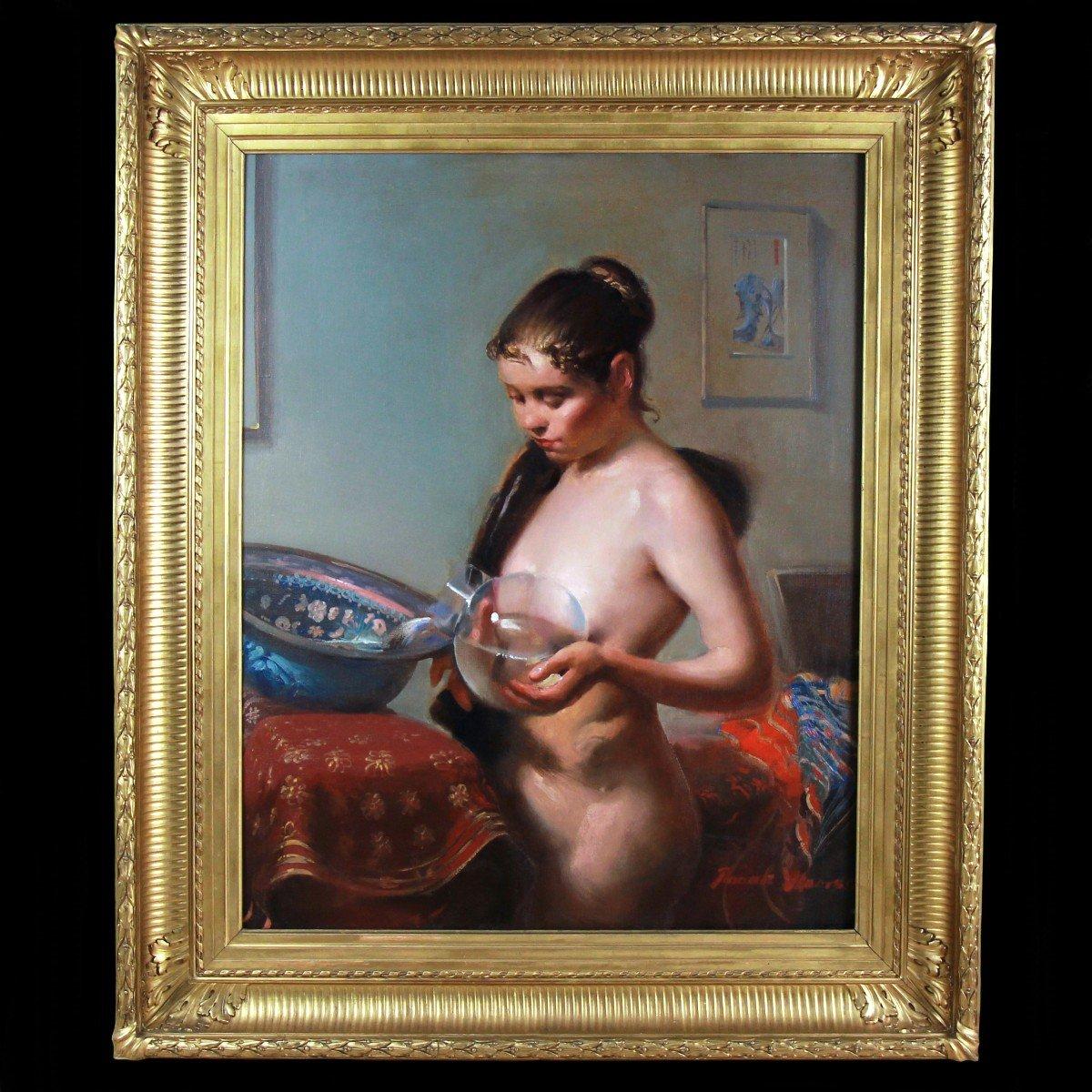 Mujer desnuda en el lavabo pintura al óleo sobre lienzo por Frank H.Mason artista estadounidense

Frank Herbert Mason nació el 20 de febrero de 1921 en Cleveland, Ohio.
Su padre era actor de Shakespeare y su madre violinista y pianista.
Asistió a la