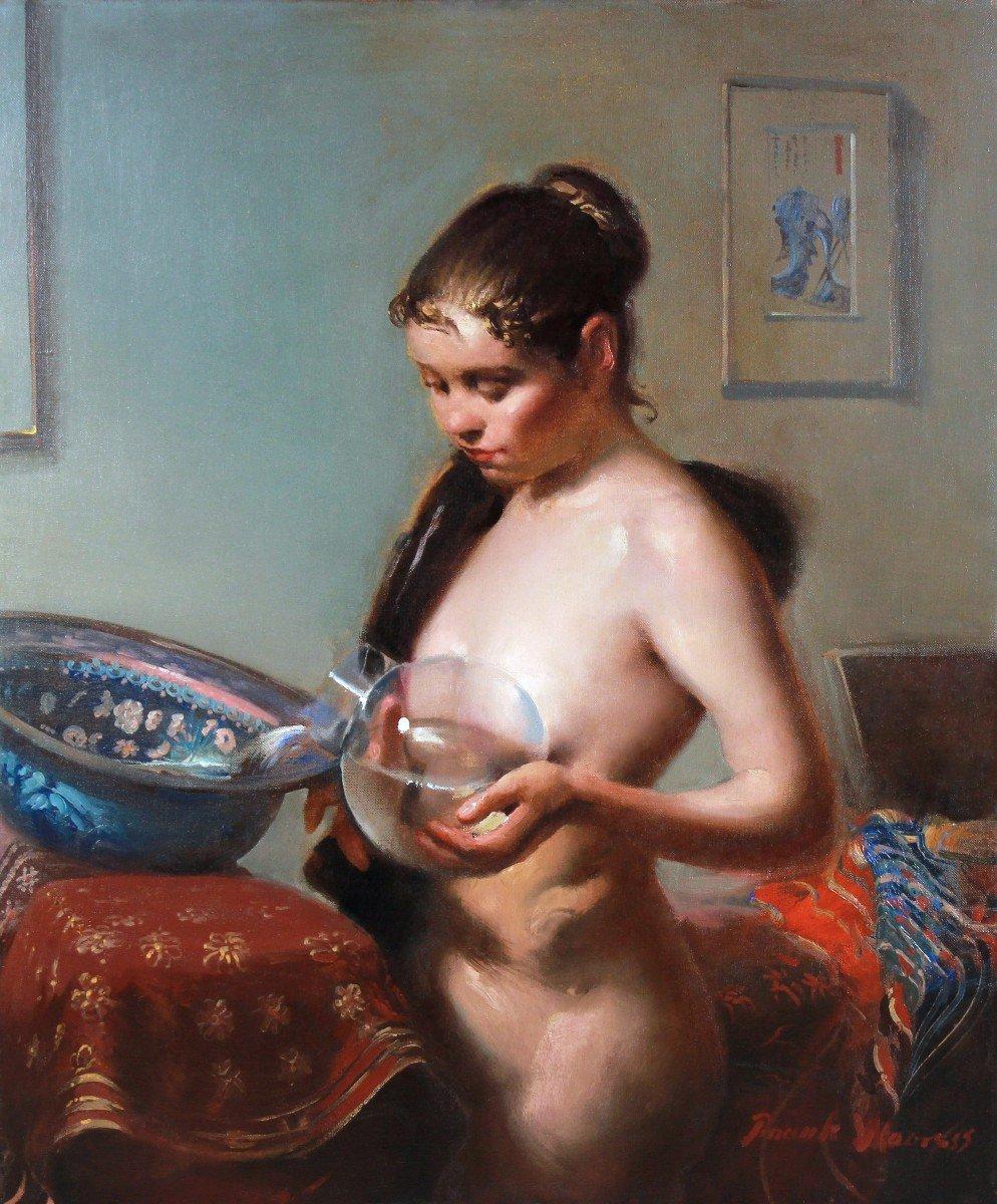 Nude Painting de Frank Mason - Mujer desnuda en el lavabo pintura al óleo sobre lienzo por Frank H.Mason artista estadounidense