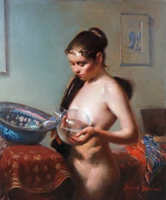 Mujer desnuda en el lavabo pintura al óleo sobre lienzo por Frank H.Mason artista estadounidense