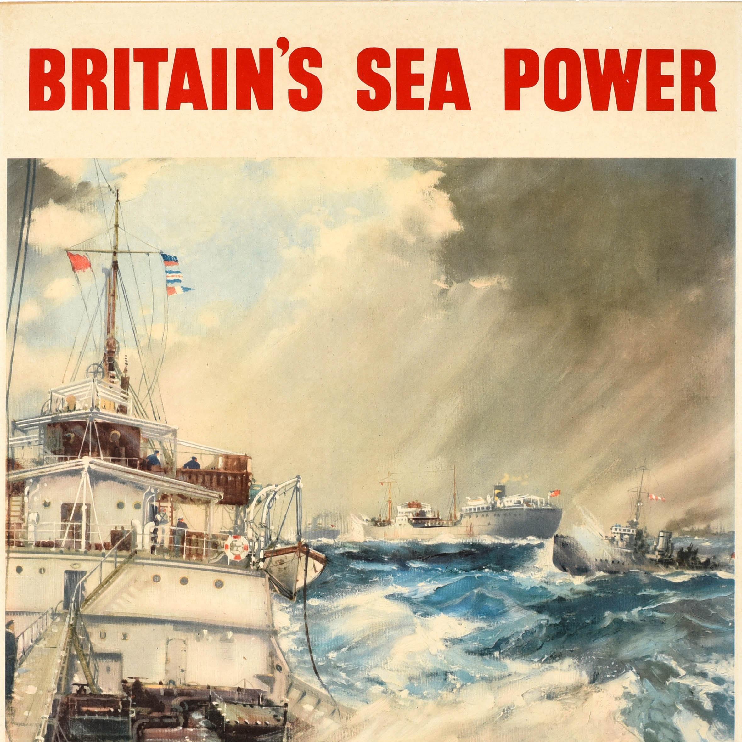 Original Vintage World War Two Poster Britain''s Sea Power Maintain Savings WWII - Beige Print par Frank Mason