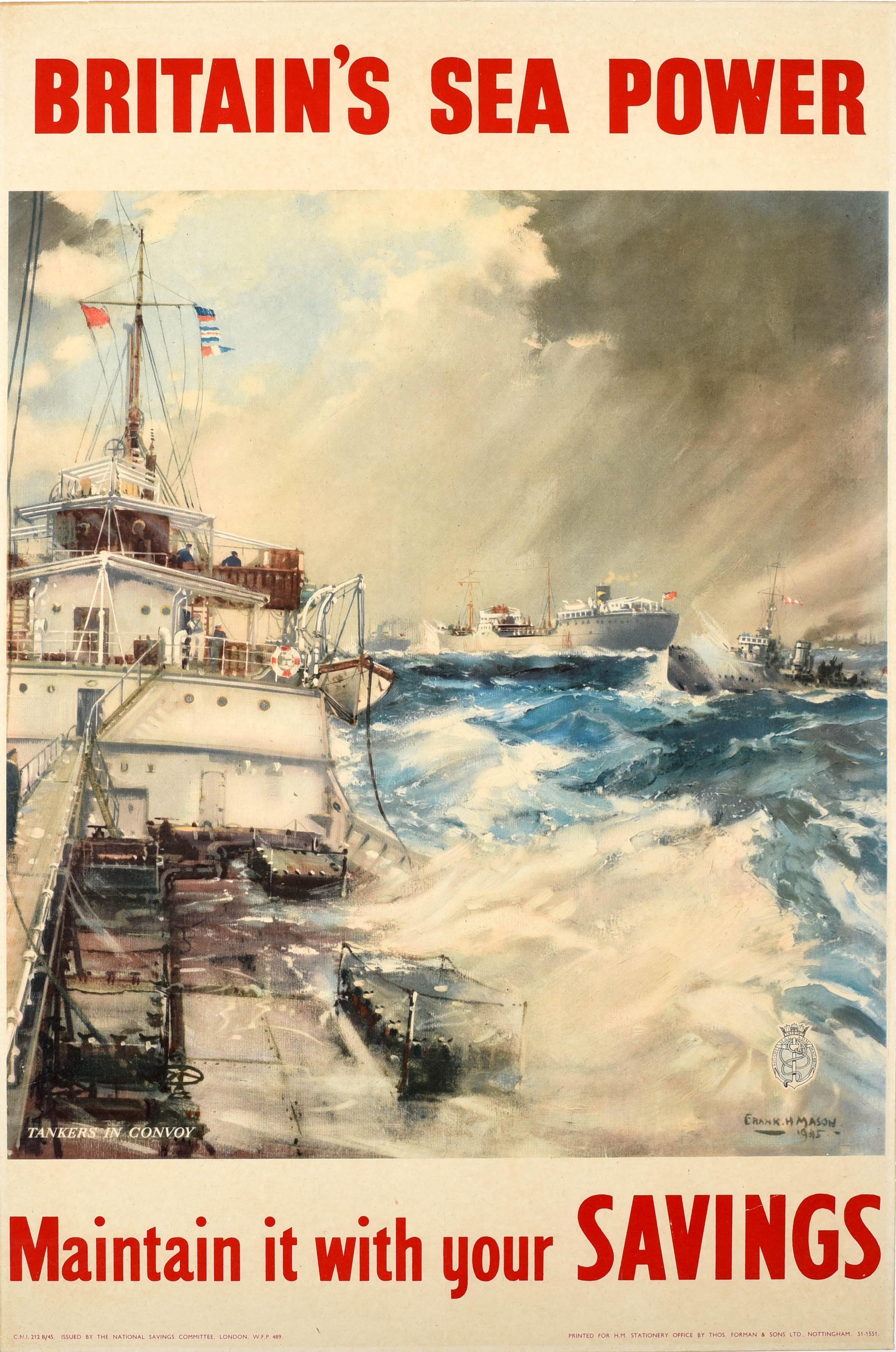 Print Frank Mason - Original Vintage World War Two Poster Britain''s Sea Power Maintain Savings WWII