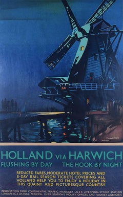 Affiche de voyage vintage originale de Frank Mason pour la LNER, Holland via Harwich, 1932 