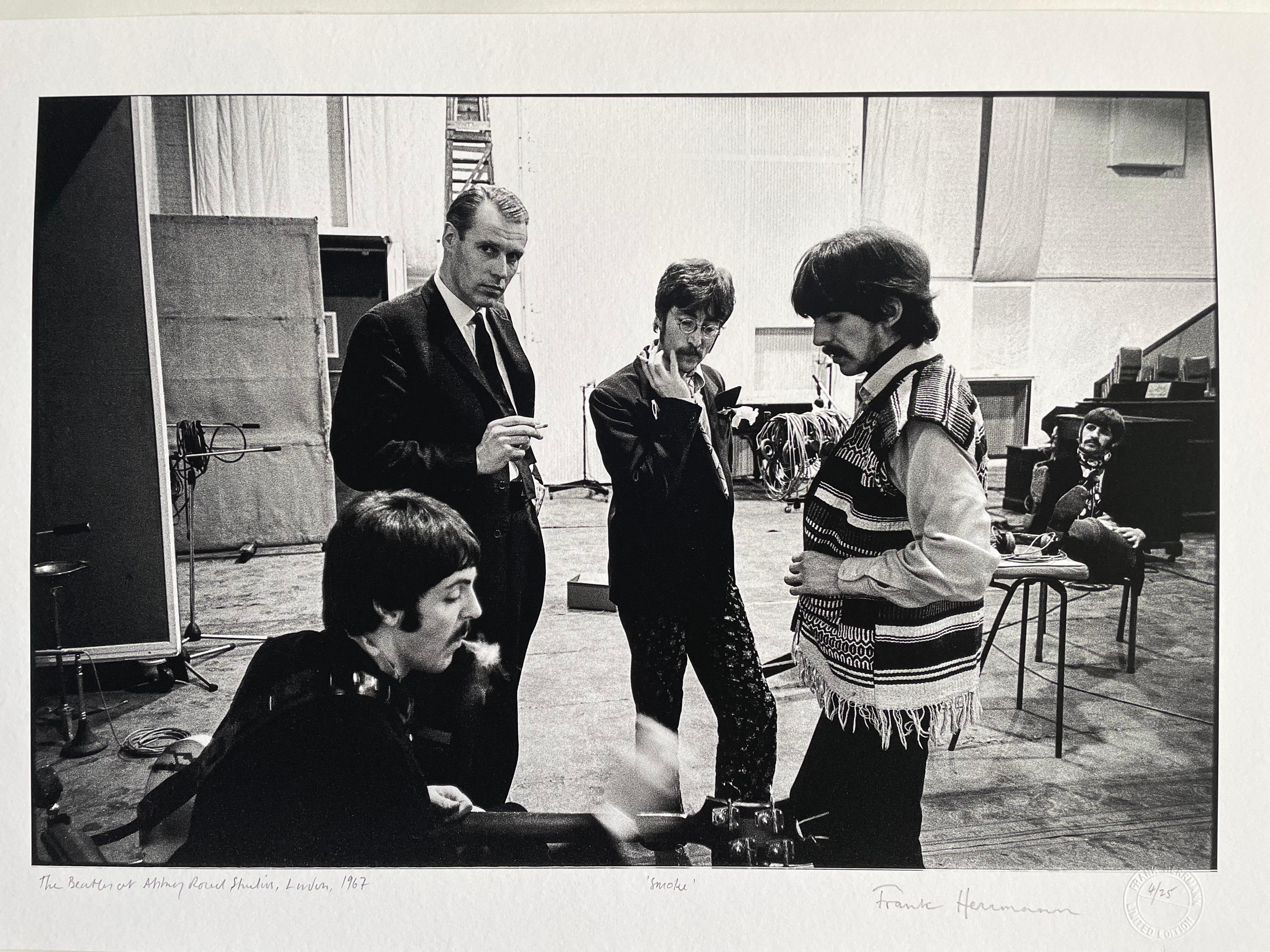 The Beatles at Abbey Road, 1967 'smoke' b/w photograph 17 x25 inch - Photograph by Frank Herrmann
