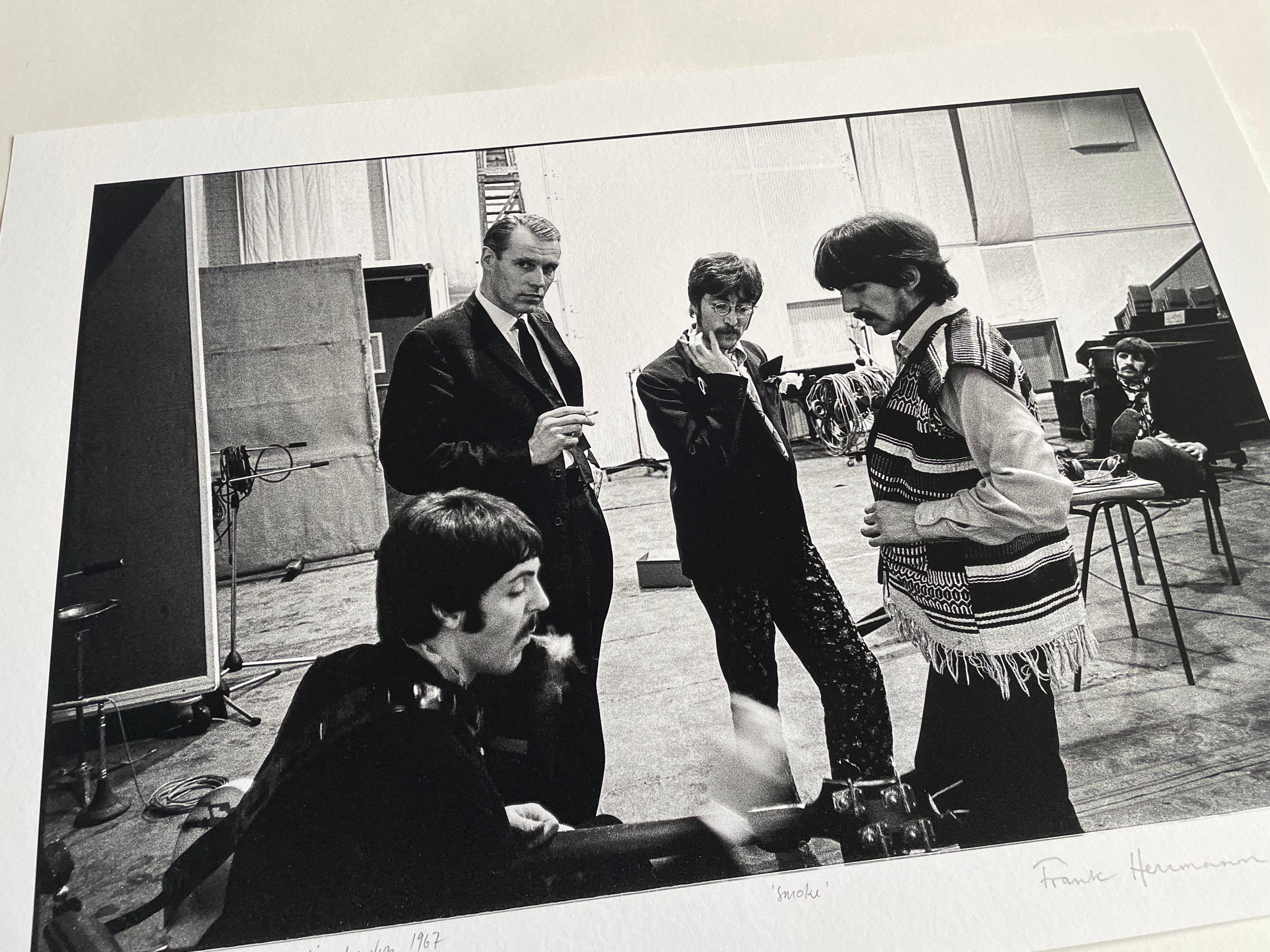 The Beatles at Abbey Road, 1967 'smoke' b/w photograph 17 x25 inch For Sale 1