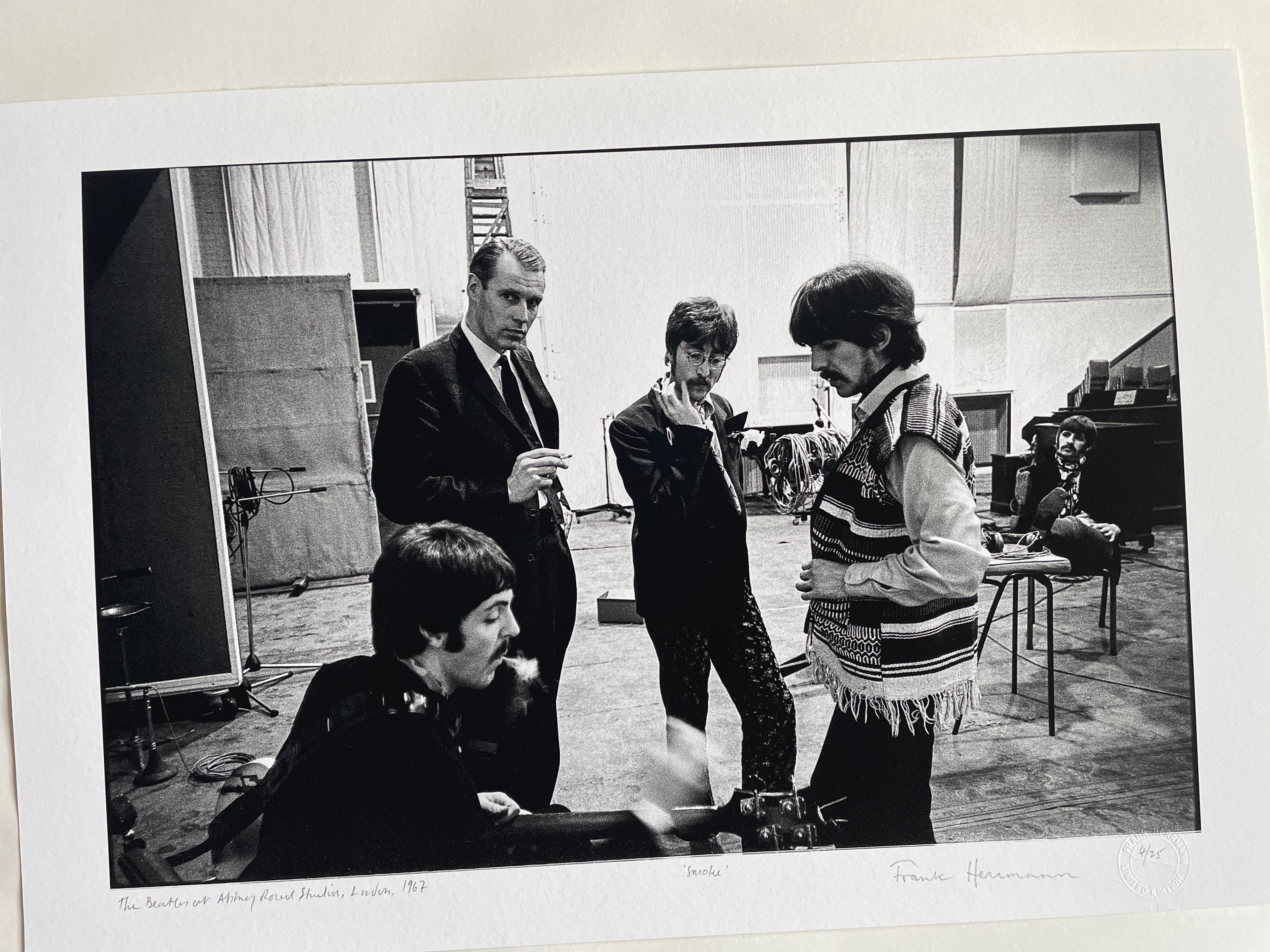 The Beatles at Abbey Road, 1967 'smoke' b/w photograph 17 x25 inch For Sale 4
