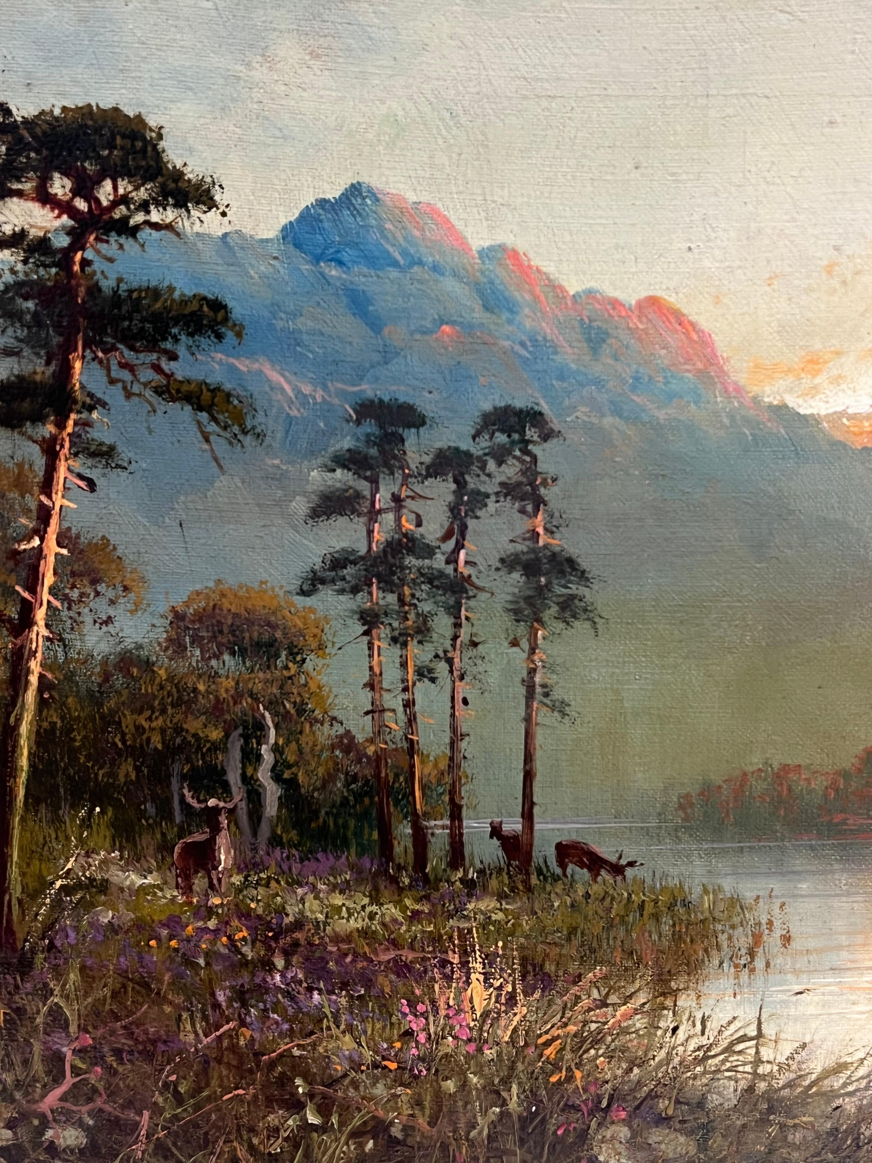 Antique British Pintura al Óleo Ciervo en las Tierras Altas de Escocia Amanecer en el Lago - Painting de Frank Hider (c. 1861–1933)
