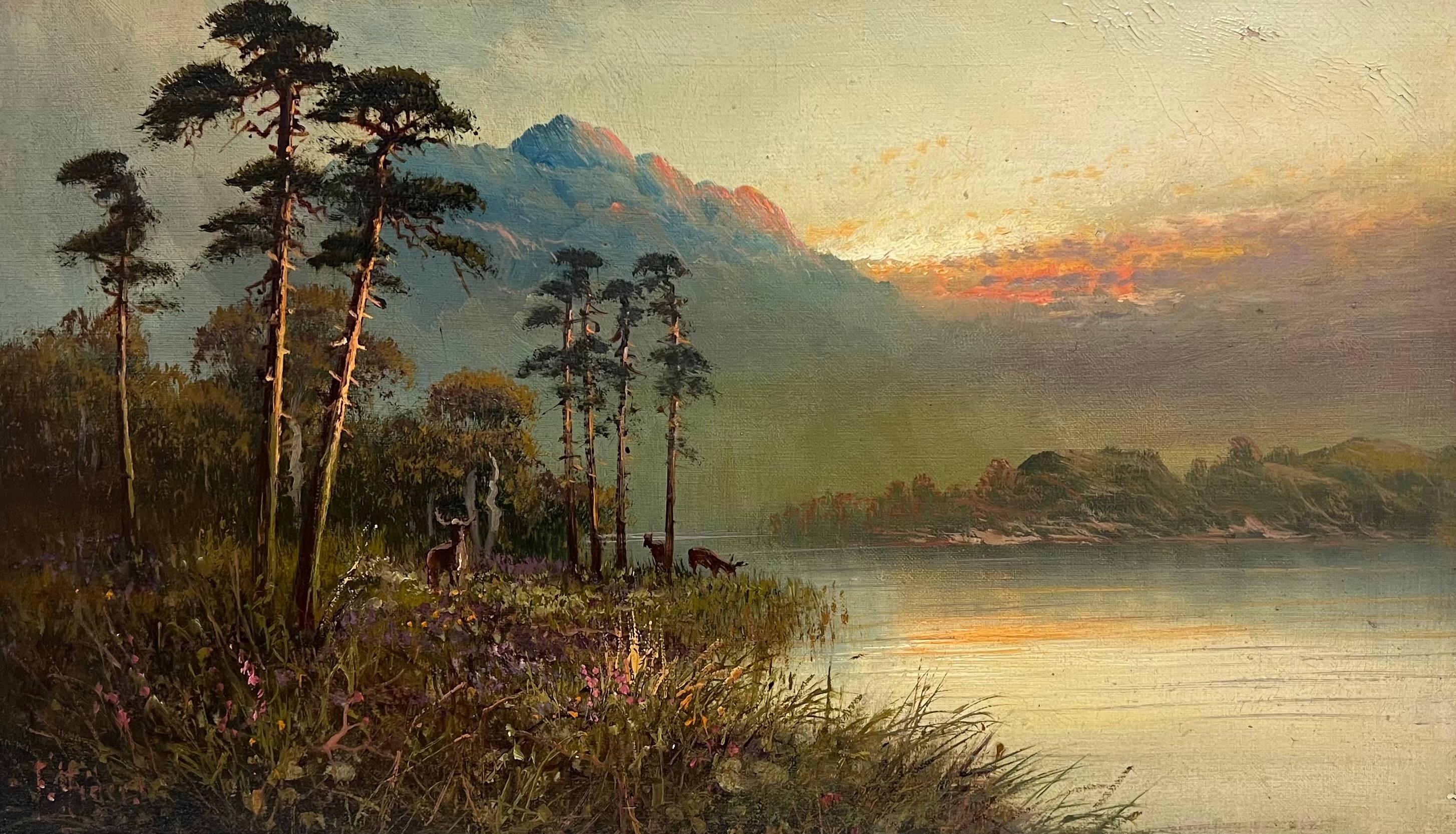 Antique British Pintura al Óleo Ciervo en las Tierras Altas de Escocia Amanecer en el Lago - Painting Victoriano de Frank Hider (c. 1861–1933)