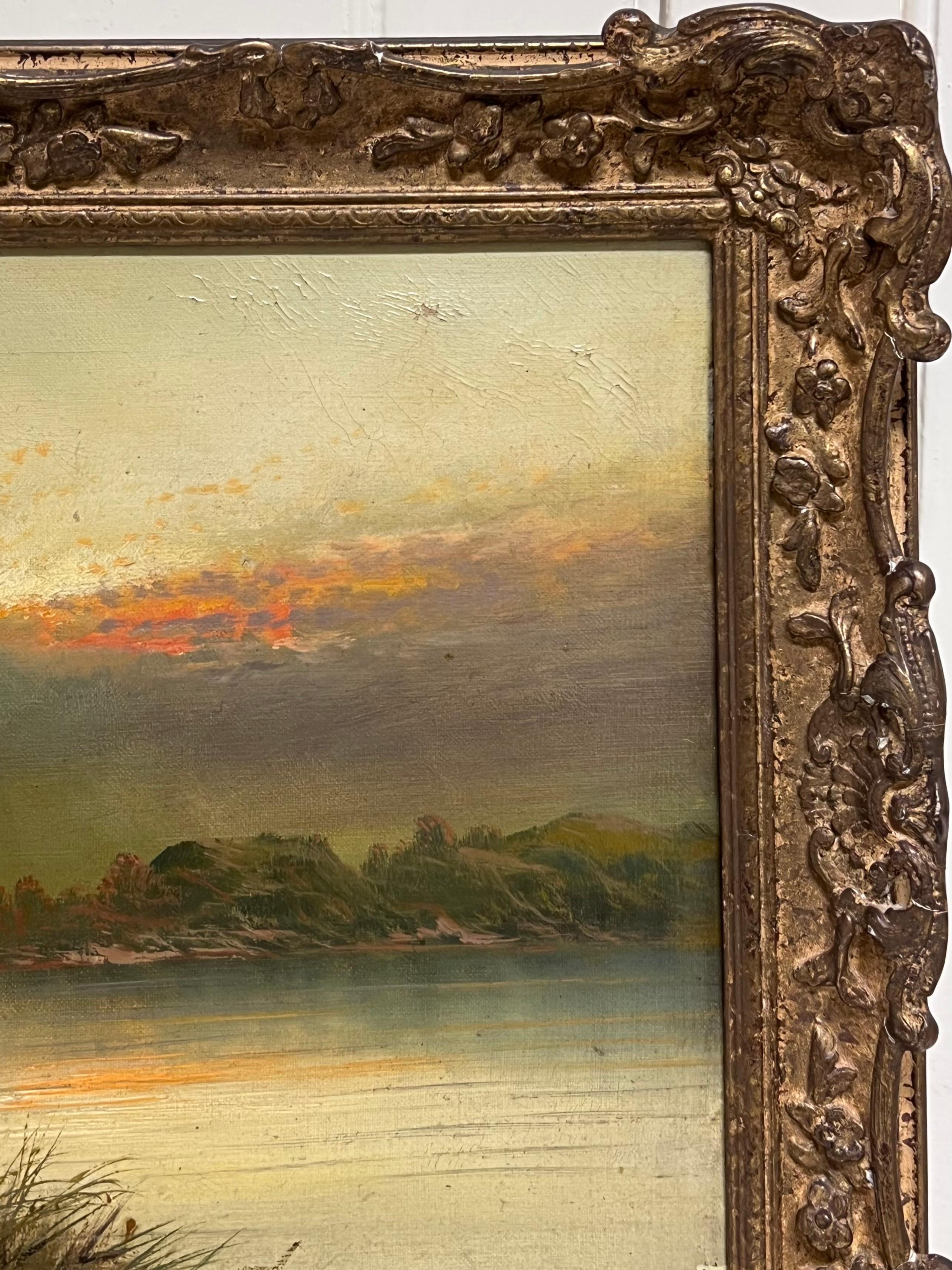 Antique British Pintura al Óleo Ciervo en las Tierras Altas de Escocia Amanecer en el Lago 1