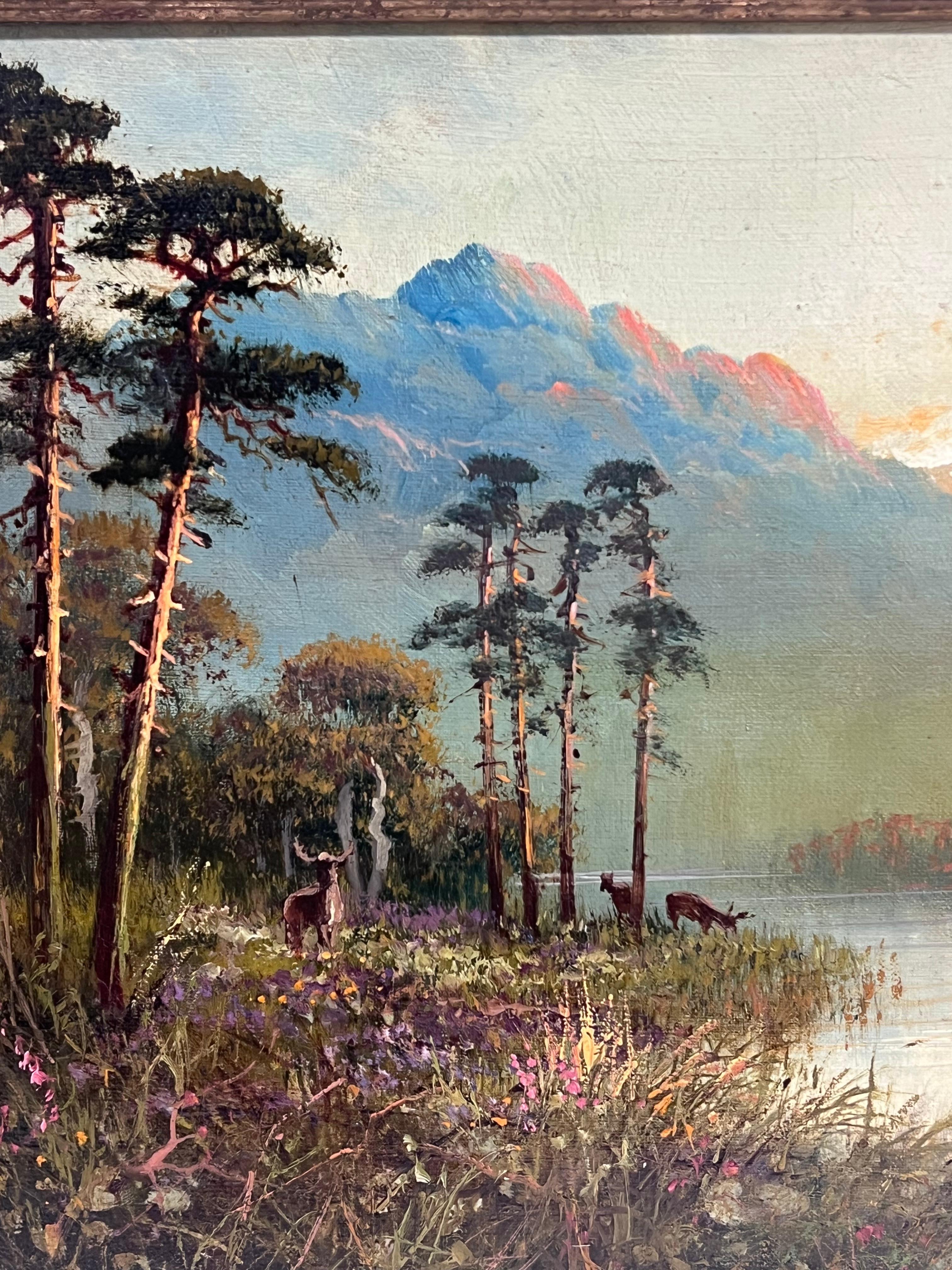 Antique British Pintura al Óleo Ciervo en las Tierras Altas de Escocia Amanecer en el Lago 2