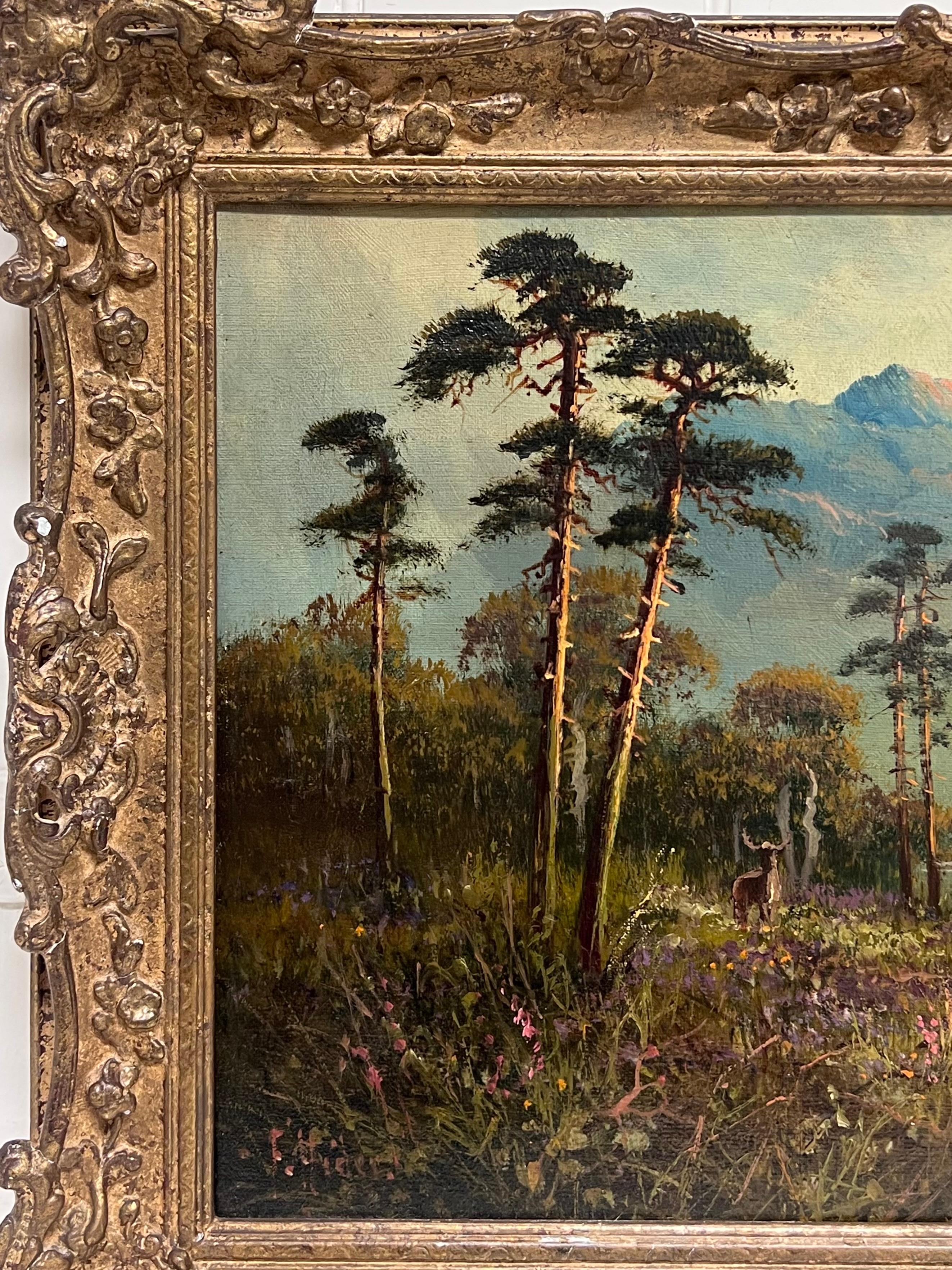 Antique British Pintura al Óleo Ciervo en las Tierras Altas de Escocia Amanecer en el Lago 4