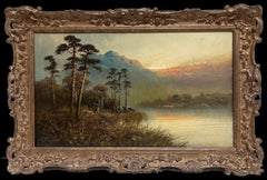 Antique British Oil Painting Deer in the Scottish Highlands Loch Sunrise