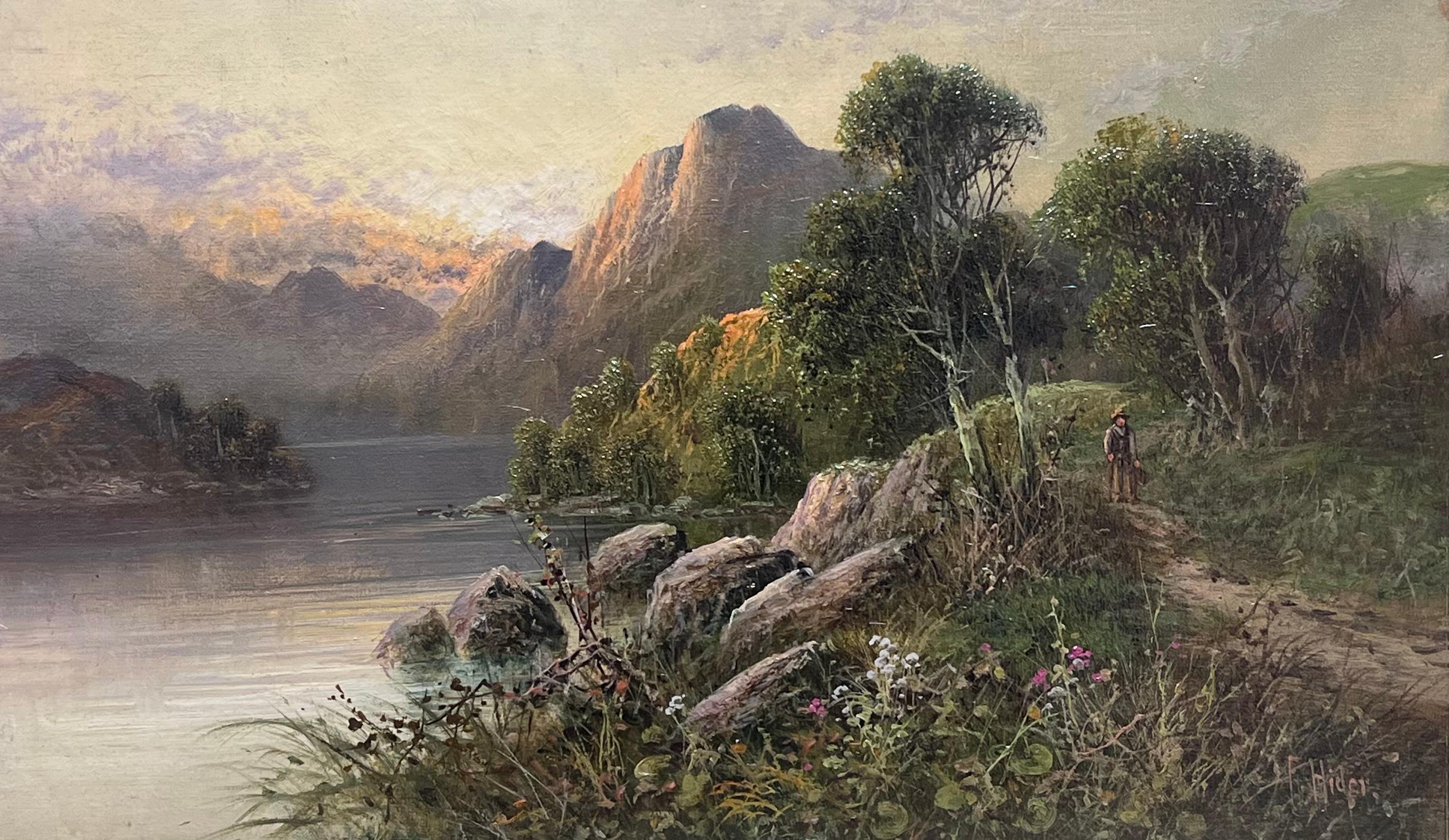 Atardecer de verano en las Tierras Altas de Escocia Cuadro al óleo antiguo Vista del lago al atardecer - Painting de Frank Hider (c. 1861–1933)