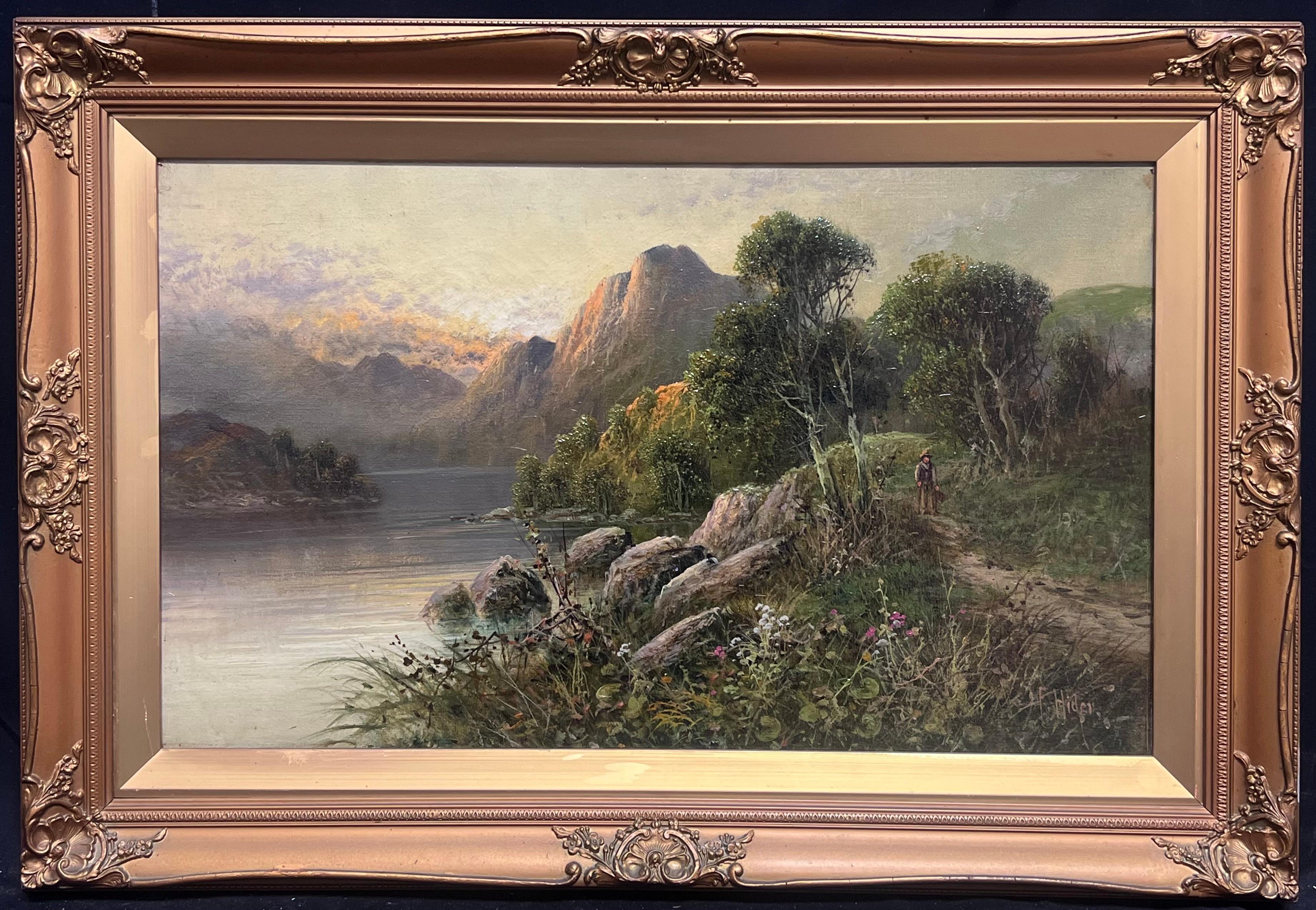Landscape Painting de Frank Hider (c. 1861–1933) - Atardecer de verano en las Tierras Altas de Escocia Cuadro al óleo antiguo Vista del lago al atardecer