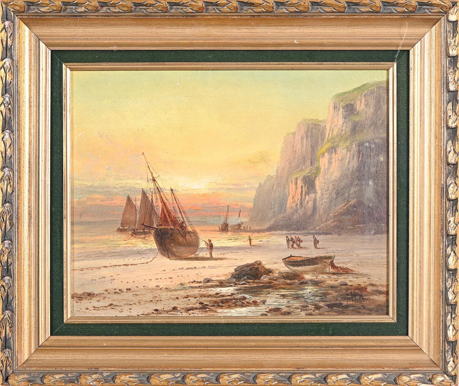 Antique English Oil Painting Fisherfolk on Coastal Rocky Shoreline at Sunset