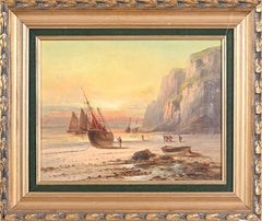 Peinture  l'huile anglaise ancienne reprsentant un pcheur sur une cte rocheuse au coucher du soleil