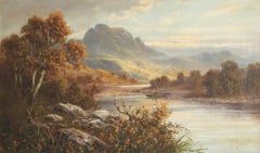 Peinture à l'huile ancienne de paysage écossais de la rivière Highland signée