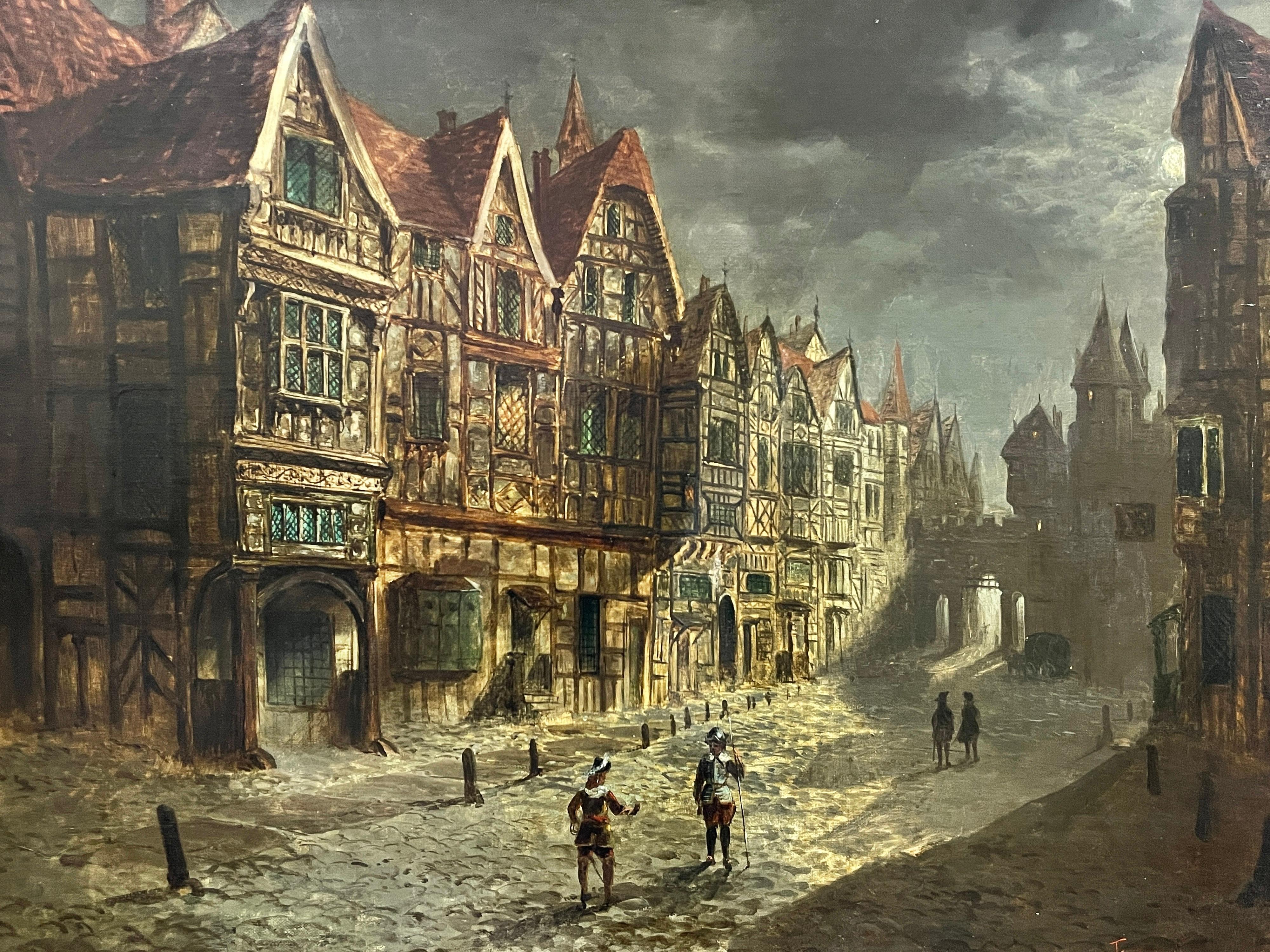 English Civil War Period Street View under Moonlight Huge Oil Painting on Canvas - Black Figurative Painting by Frank Hider