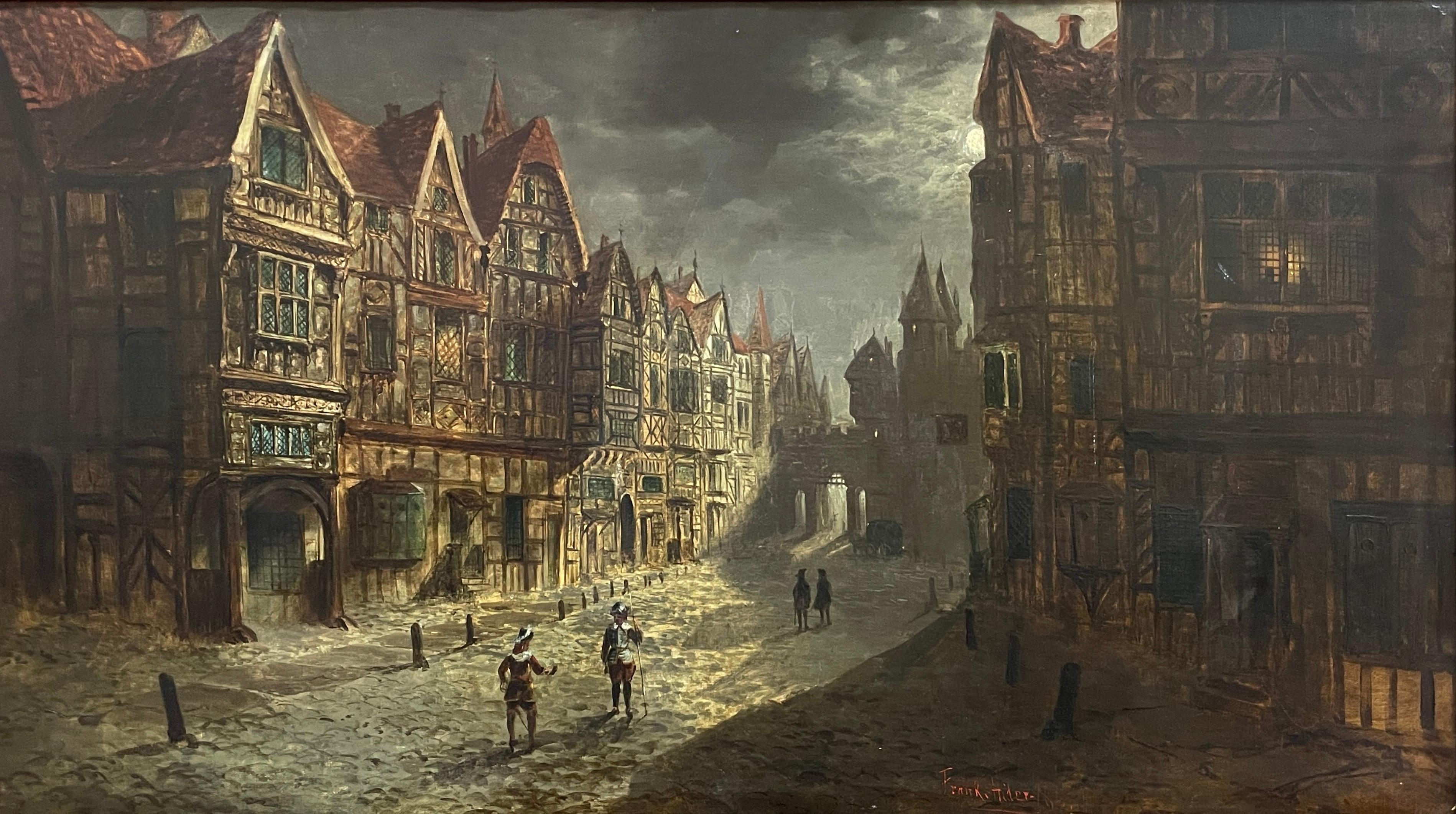 English Civil War Period Street View under Moonlight Huge Oil Painting on Canvas