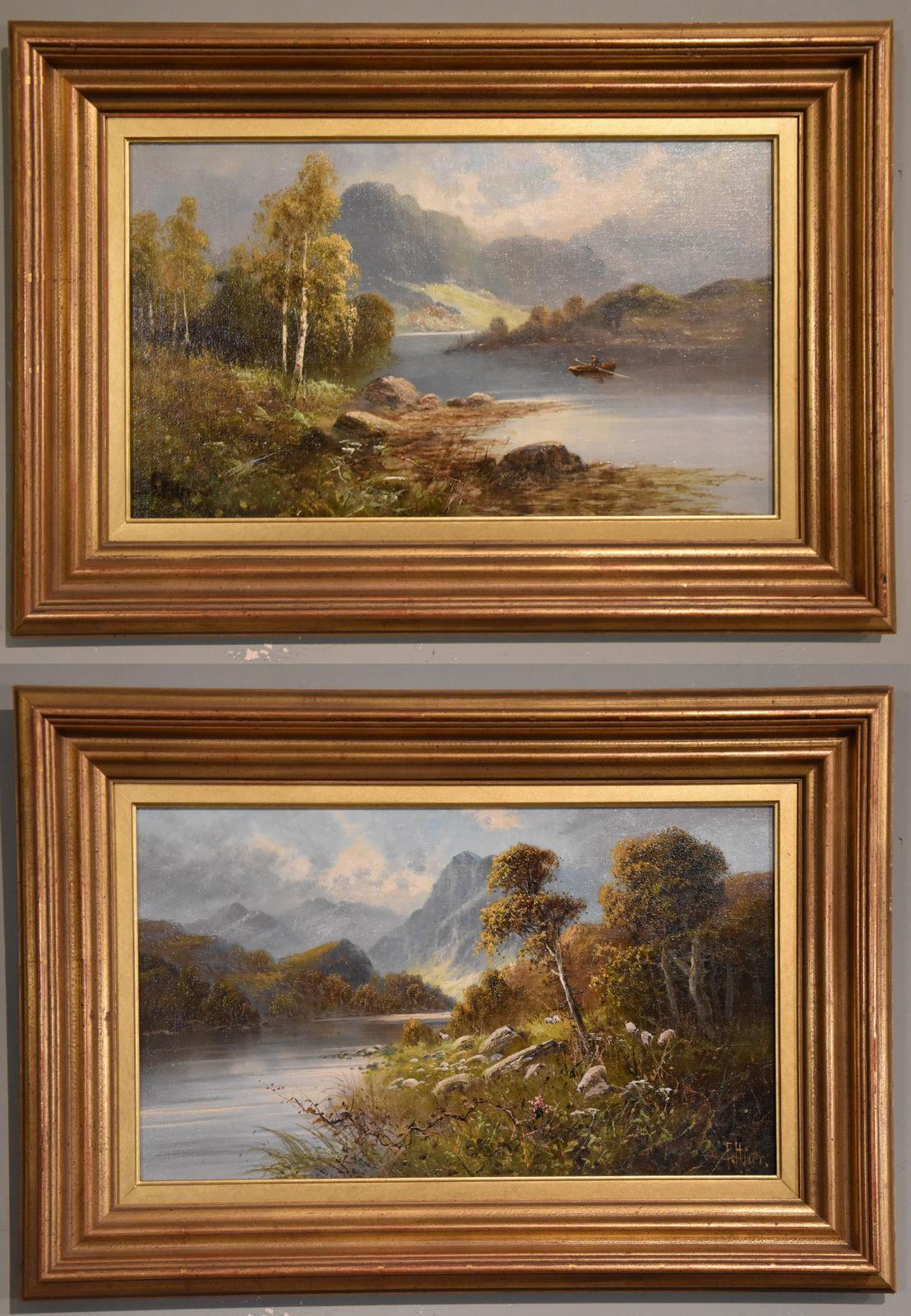 Oil Painting Pair by Frank Hider "A Summer evening in the Highlands" and "The Margin of the Lake" 1861 - 1933 Frank hider studied at Heatherleys School of Art in London and was a member of the Burnham School of painters. Both oil on canvas.