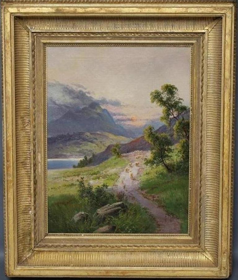 Frank Hider Animal Painting - The Highland Sunset Sheep on Pathway beside Loch Signed Antique Oil Painting