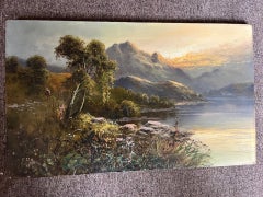 Paesaggio romantico vittoriano vista tramonto in montagna dipinto a olio con cornice