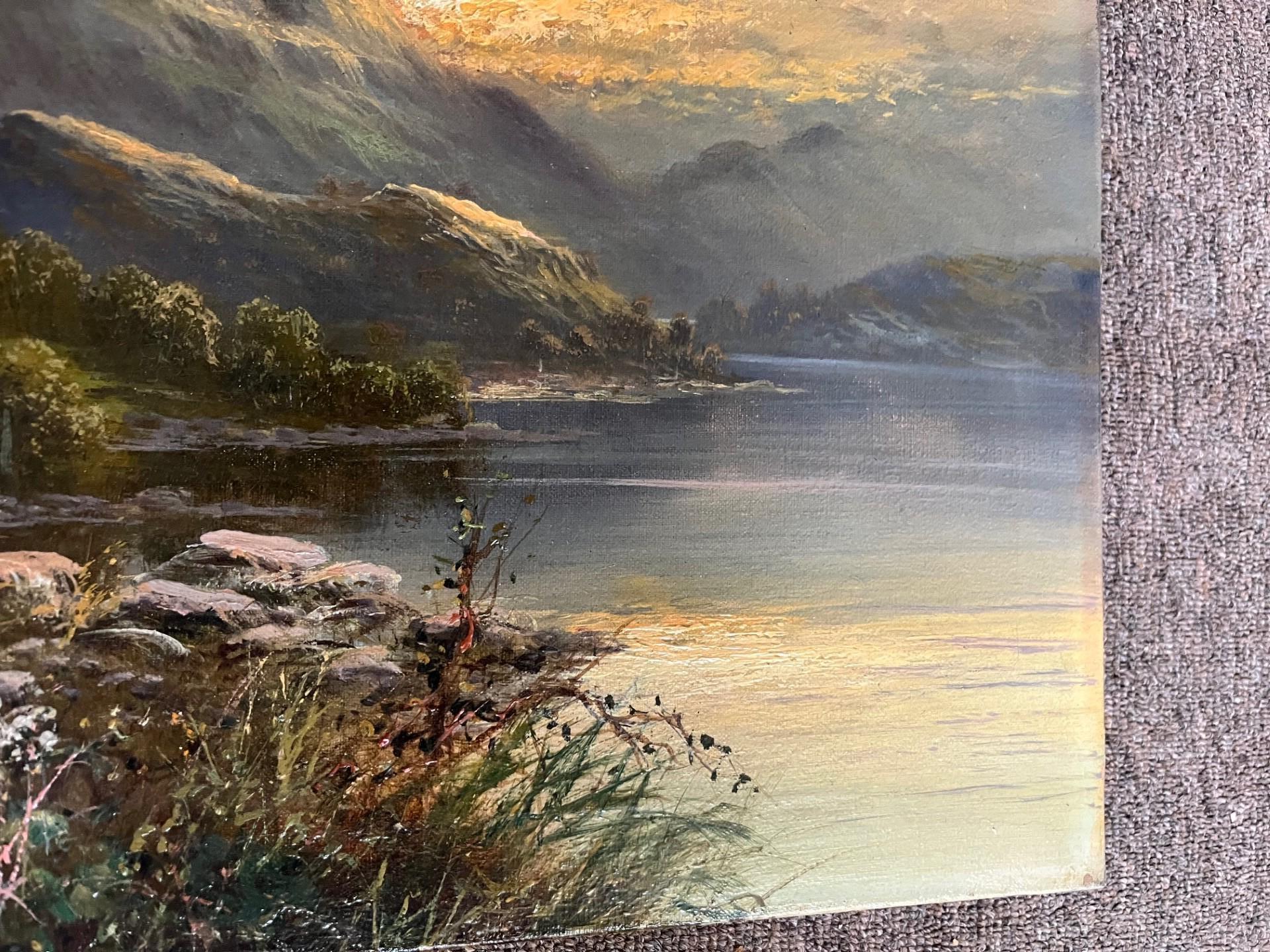 Paisaje romántico victoriano Vista del atardecer en la montaña Pintura al óleo enmarcada en venta 1