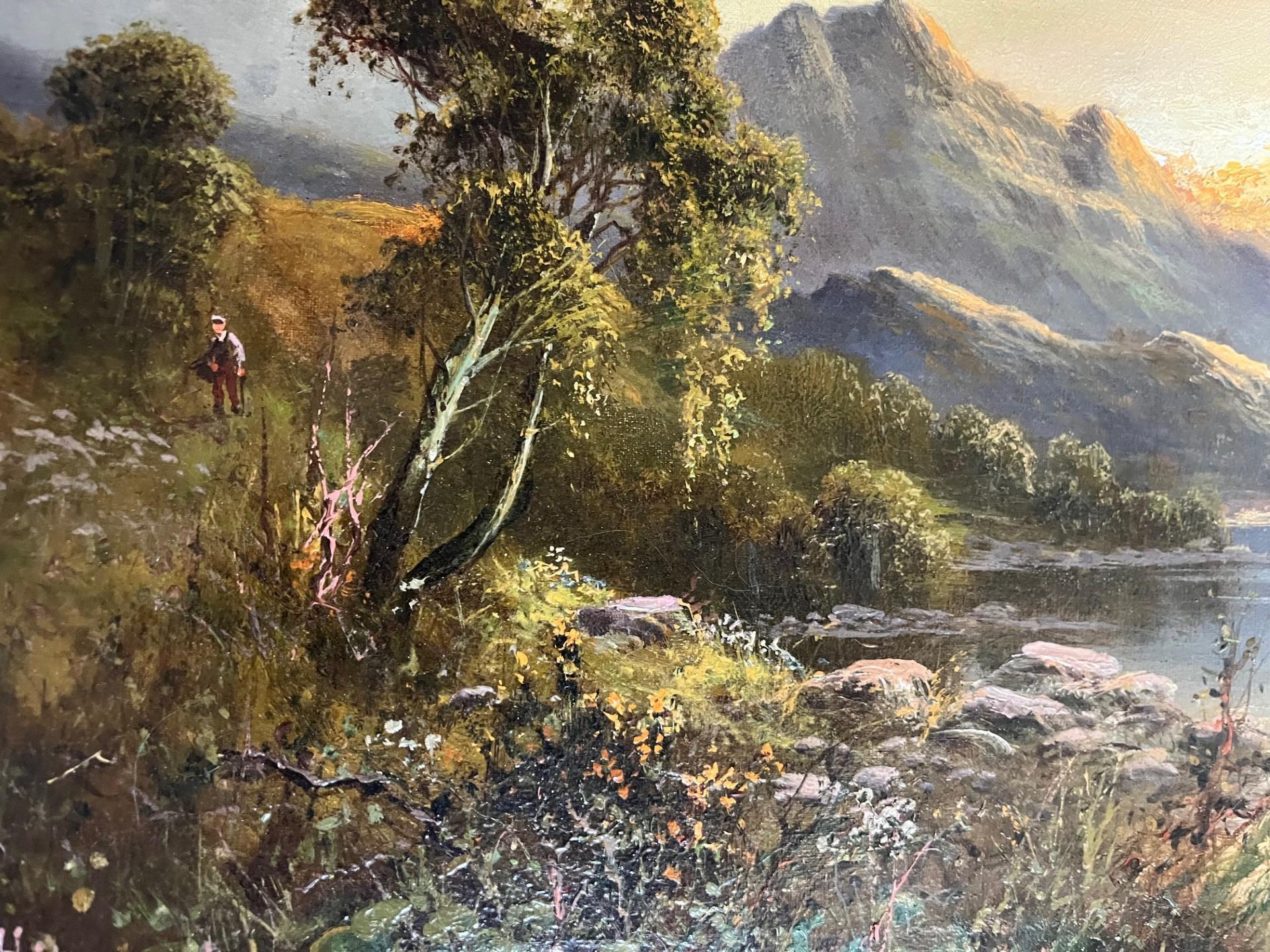 Paisaje romántico victoriano Vista del atardecer en la montaña Pintura al óleo enmarcada en venta 2