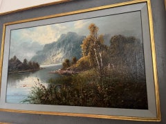 Paesaggio romantico vittoriano vista montagna dipinto a olio con cornice