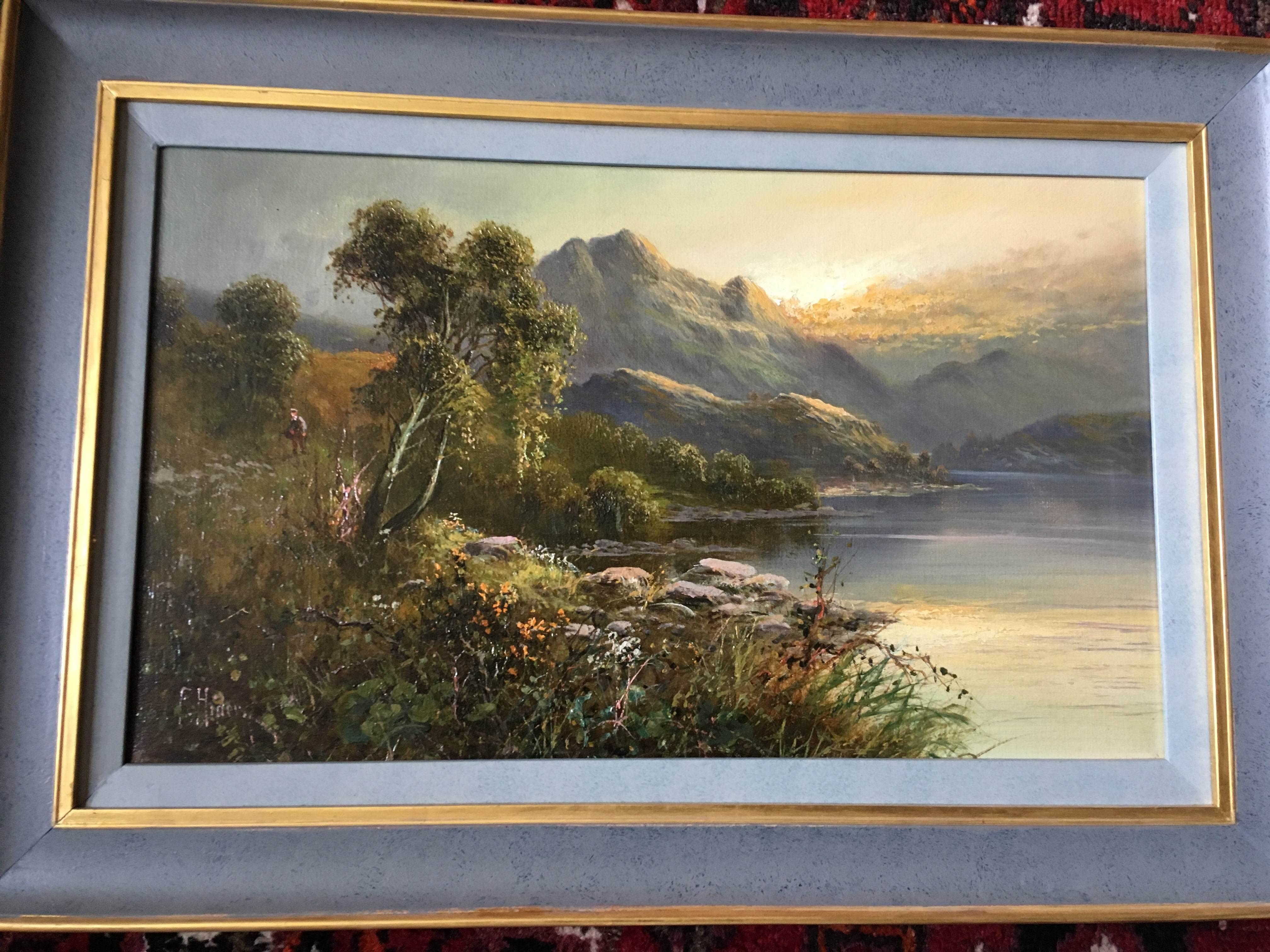 Paisaje romántico victoriano Vista de montaña Pintura al óleo enmarcada en venta 2