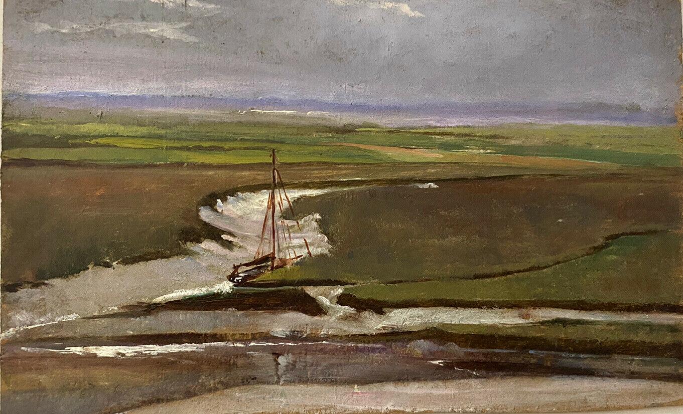 Frank Hobden Landscape Painting - Fine 1900's English Impressionist Oil - Low Tide Estuary Landscape Sailing Ship