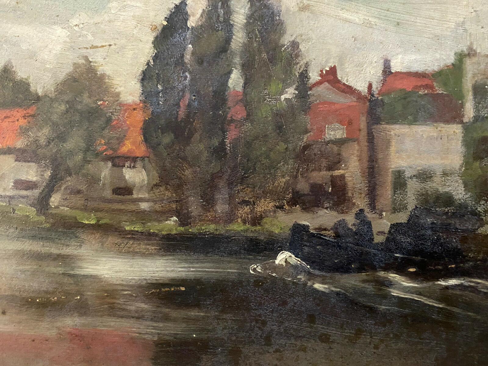 Frank Hobden Landscape Painting -  FINE 1900s ENGLISH IMPRESSIONIST OIL - RIVER RUNNING BEHIND HOUSES