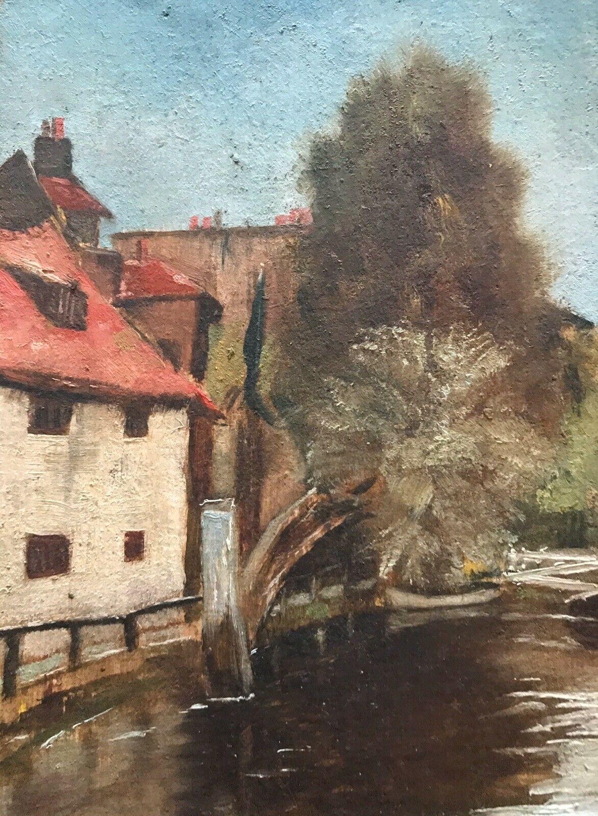 FRANK HOBDEN (1859-1936) FINE 1900s ENGLISH IMPRESSIONIST OIL - RIVER & HOUSES - Abstract Painting by Frank Hobden