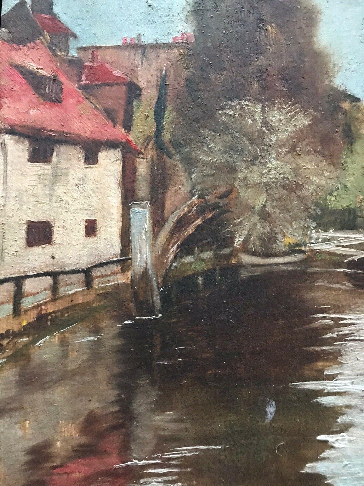 FRANK HOBDEN (1859-1936) FINE 1900s ENGLISH IMPRESSIONIST OIL - RIVER & HOUSES - Brown Figurative Painting by Frank Hobden