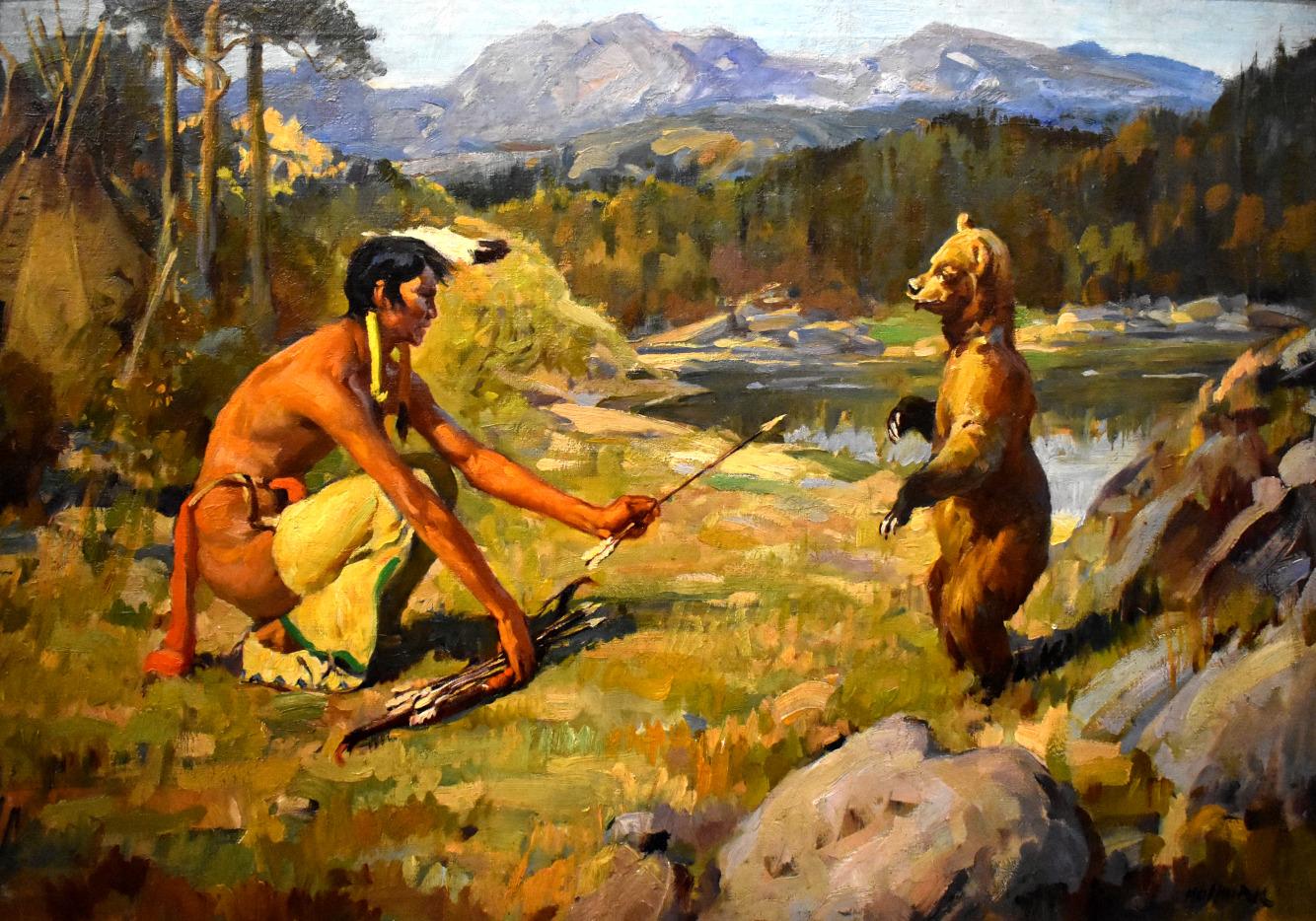 Animal Painting Frank Hoffman - "Rencontre entre l'Indien et l'ours. Santa Fe Utah, Colorado, Wyoming, Montana, années 1930 Large