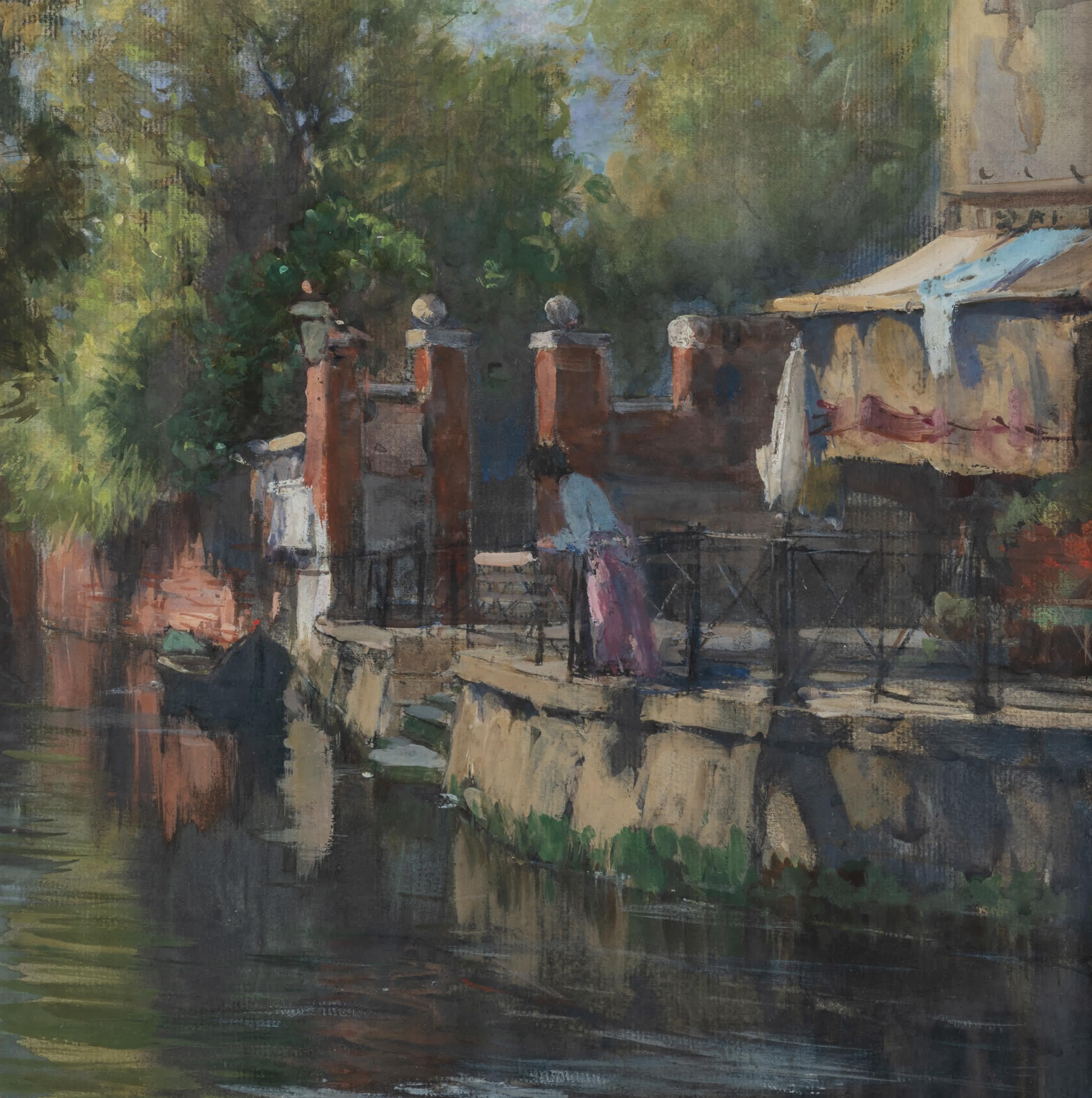Frank Hopkinson Smith
American, 1838-1915
Woman Looking into the Water

Oil on canvas
19 ⅛ by 25 ¼ in, w/ frame 28 ¼ by 34 ¼ in
Signed lower left

Frank Hopkinson Smith was born in 1838, in Baltimore, Maryland. He was a self-taught artist known