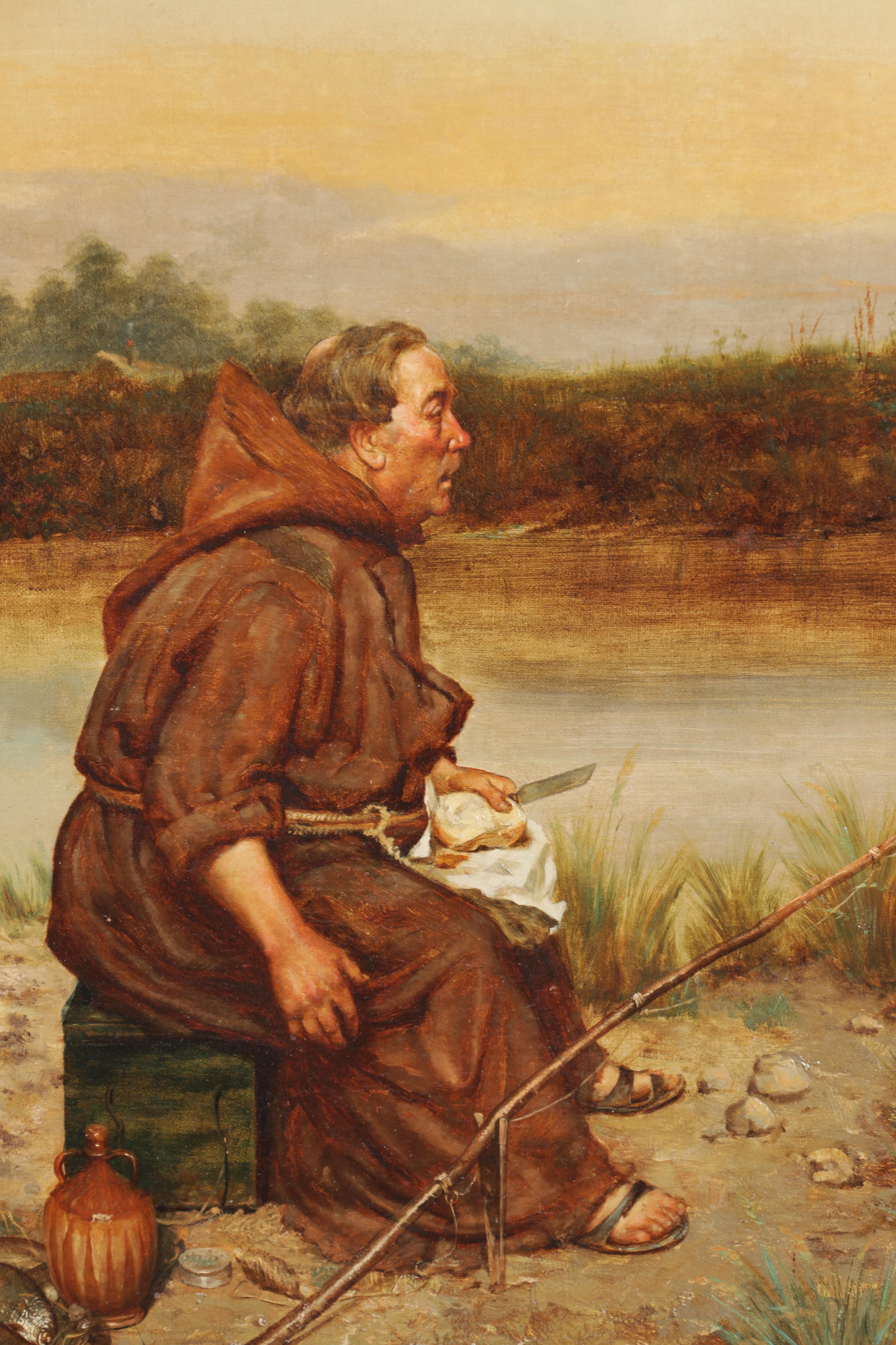Ölgemälde eines fischenden Mönchs aus dem 19. Jahrhundert von Frank Hyde im Angebot 3
