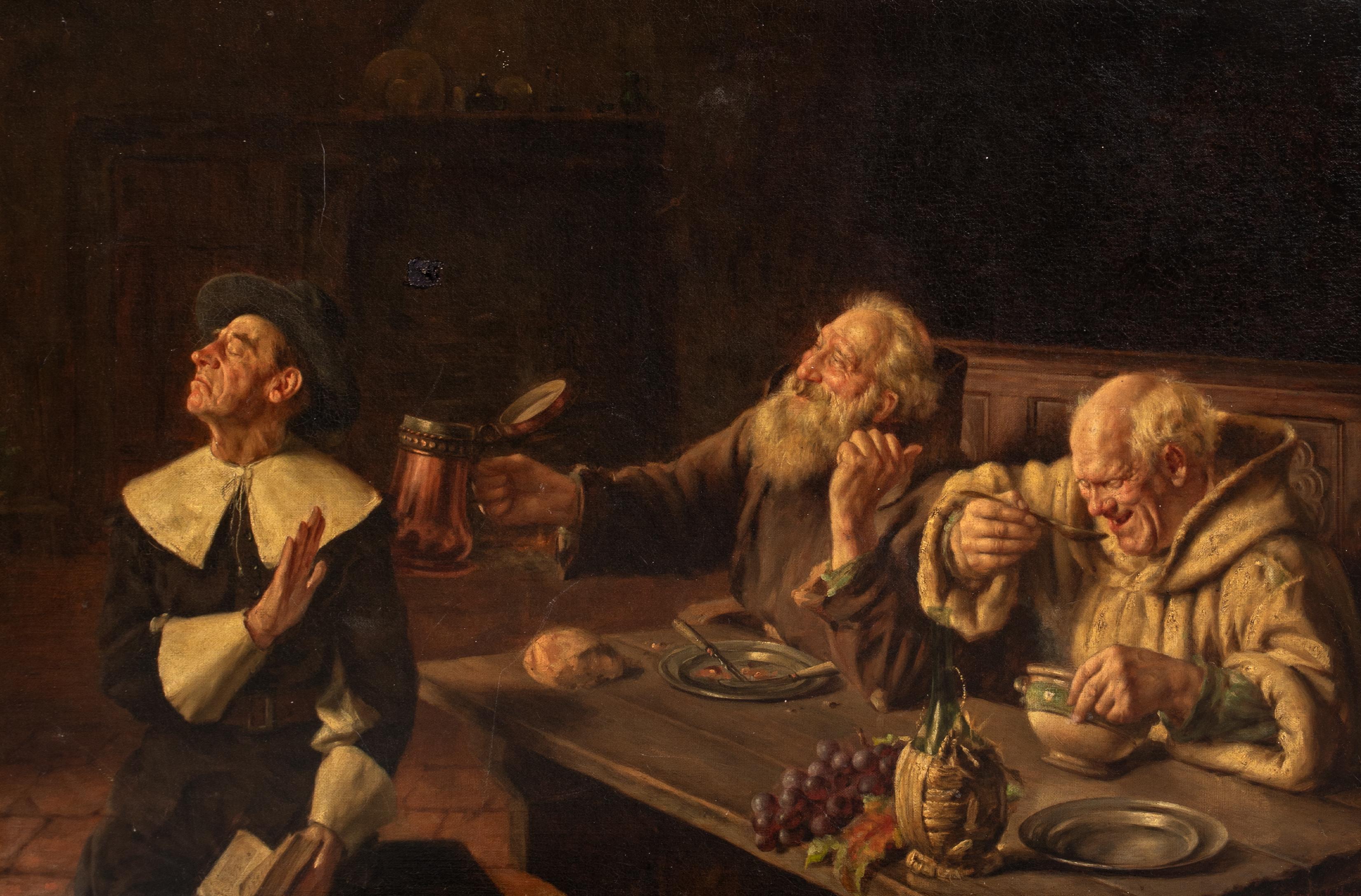 A Drink To The King, 19th Century 

by Frank HYDE (1849-1937) to $30,000 - British History Painter

Large 19th Century scene of monk toasting the king before a scrupulous protestant, oil on canvas by Frank Hyde. Beautifully detailed and painted