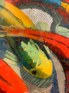 Serpentine Dance- Blue Yellow Koi on Silver 48 x 36