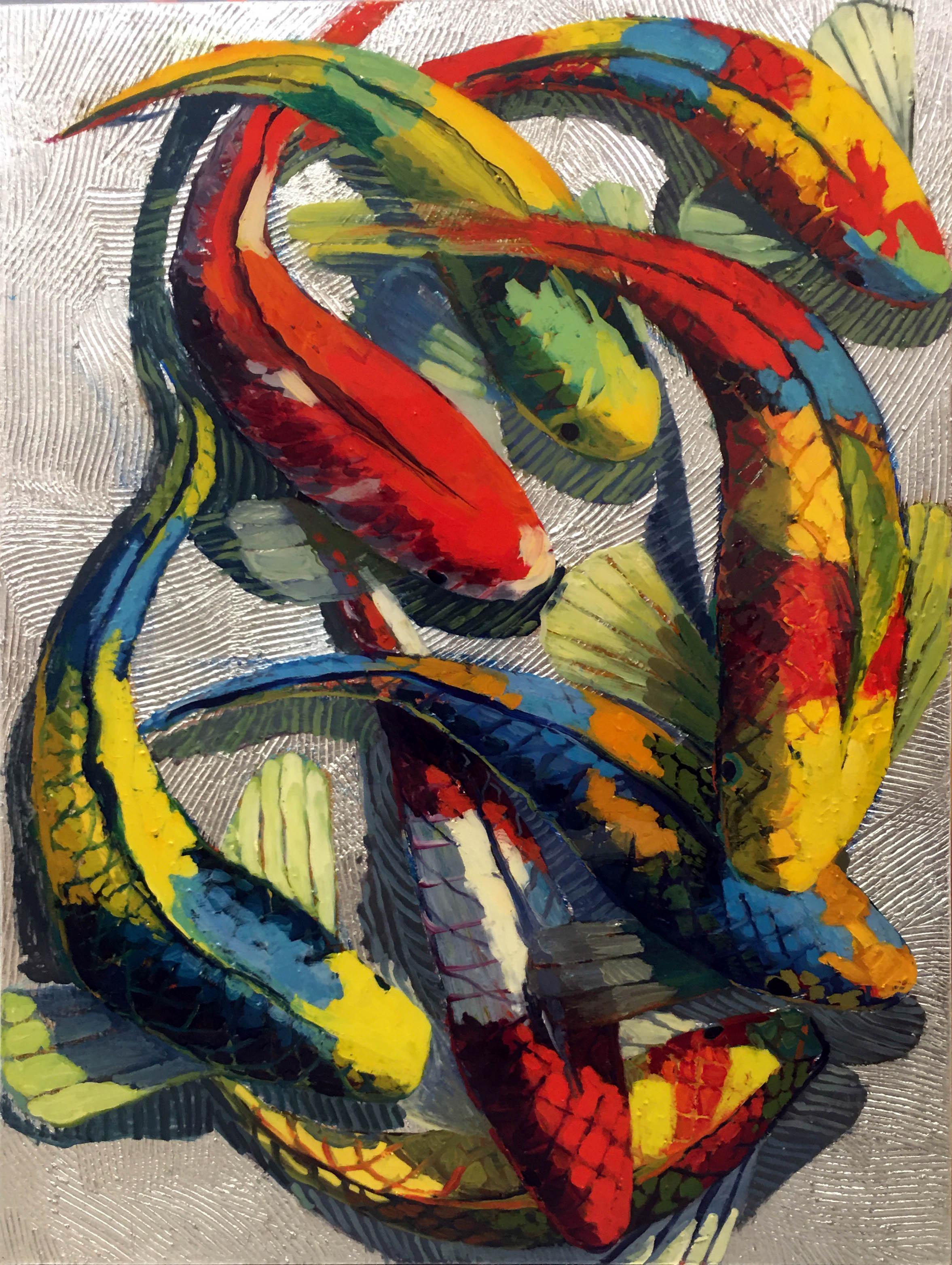Danse serpentine - Koi bleu et jaune sur argent 48 x 36 - Mixed Media Art de Frank Hyder