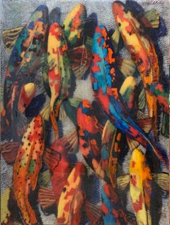 Tempest in Blue- Yellow and Blue Koi on Silver 48 X 36