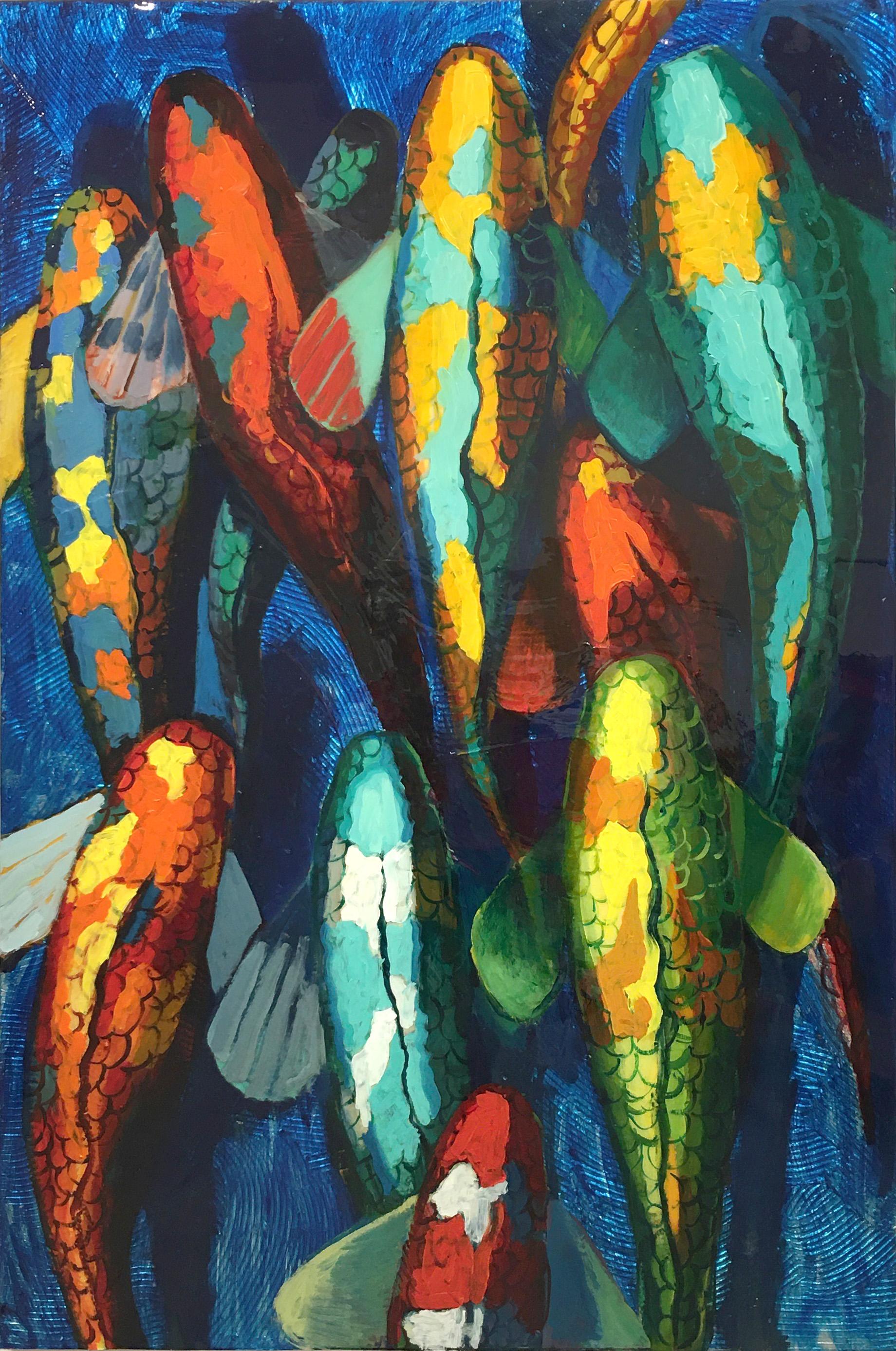 Frank Hyder Animal Painting - Turquoise Channel - Green Yellow Koi on Blue Silver 60 X 40
