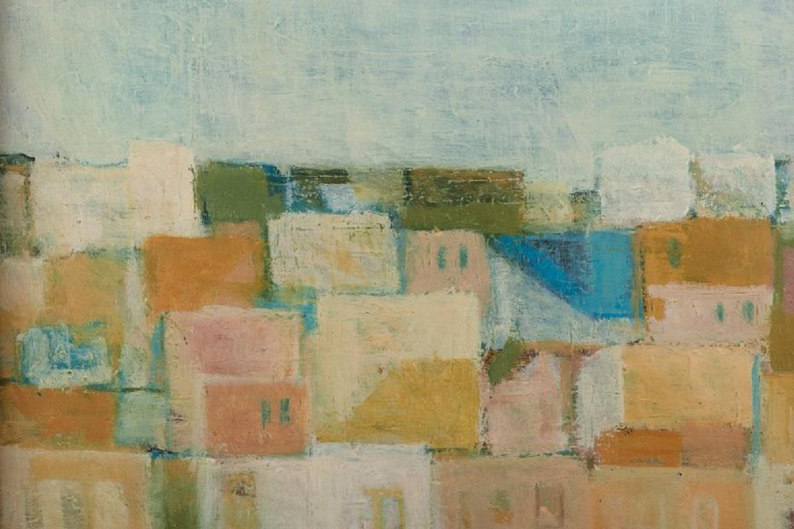 Moderne Frank Ibsen, artiste danois. Motif de ville de Tanger, Maroc. Huile sur panneau. en vente