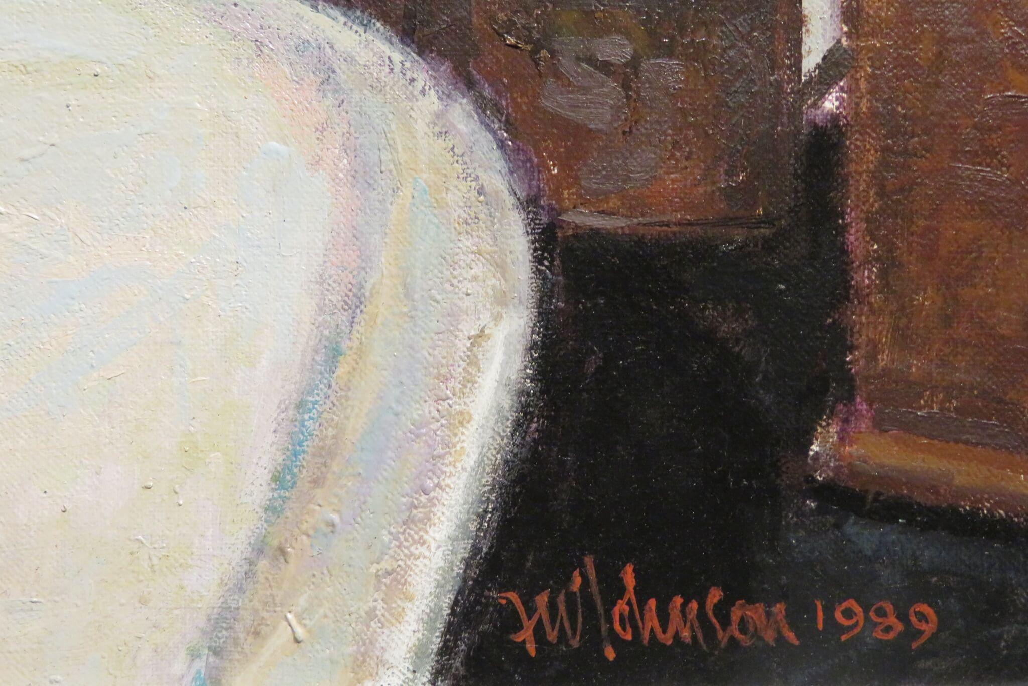 Straordinario dipinto a olio originale NUDO FEMMINILE IN UN INTERNO Lavandino Scuola - Painting di Frank Johnson
