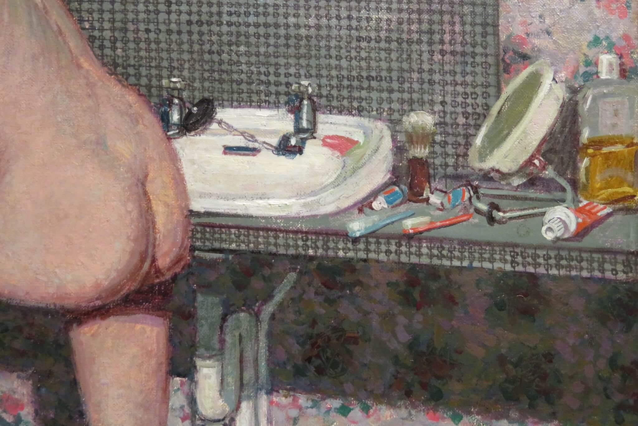 Straordinario dipinto a olio originale NUDO FEMMINILE IN UN INTERNO Lavandino Scuola - Interior Painting Marrone di Frank Johnson