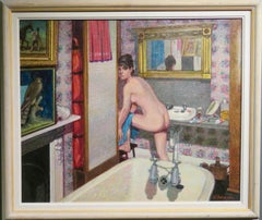 Striking Original Oil Painting FEMALE NUDE IN AN INTERIOR Kitchen Sink School