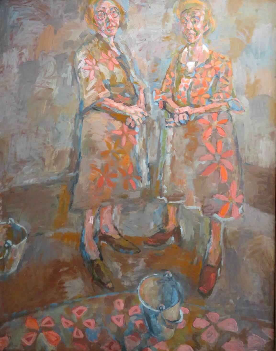 Mid 20thC Oil Painting PORTRAIT LADIES David Hockney / Stanley Spencer interest - Brown Figurative Painting by frank Johnson