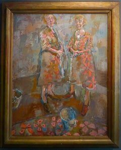 Vintage Mid 20thC Oil Painting PORTRAIT LADIES David Hockney / Stanley Spencer interest