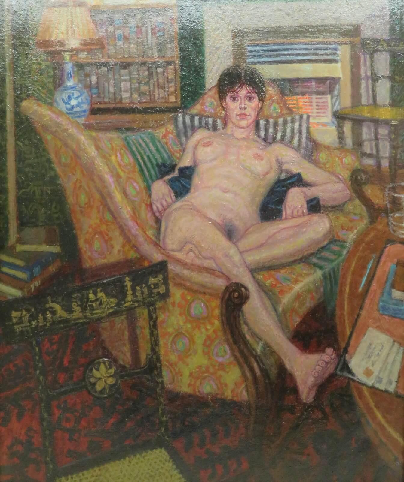 English 1970's OIL PAINTING Female Nude In An Interior by FRANK JOHNSON - Painting by Frank Johnson 
